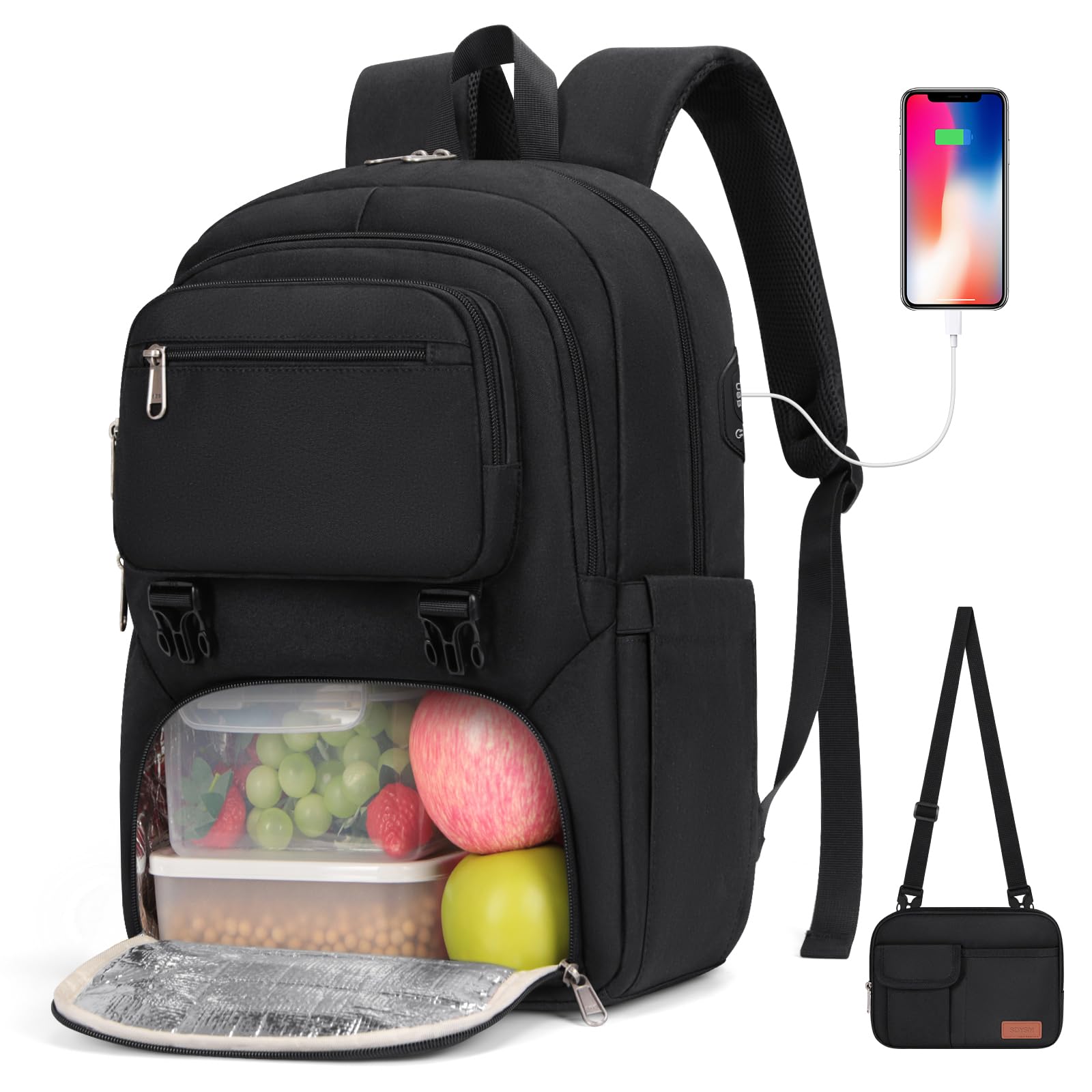 SDYSM Lunch Backpack for Women Men 15.6 Inch Laptop Work Backpack with USB Charging Port Insulated Compartment