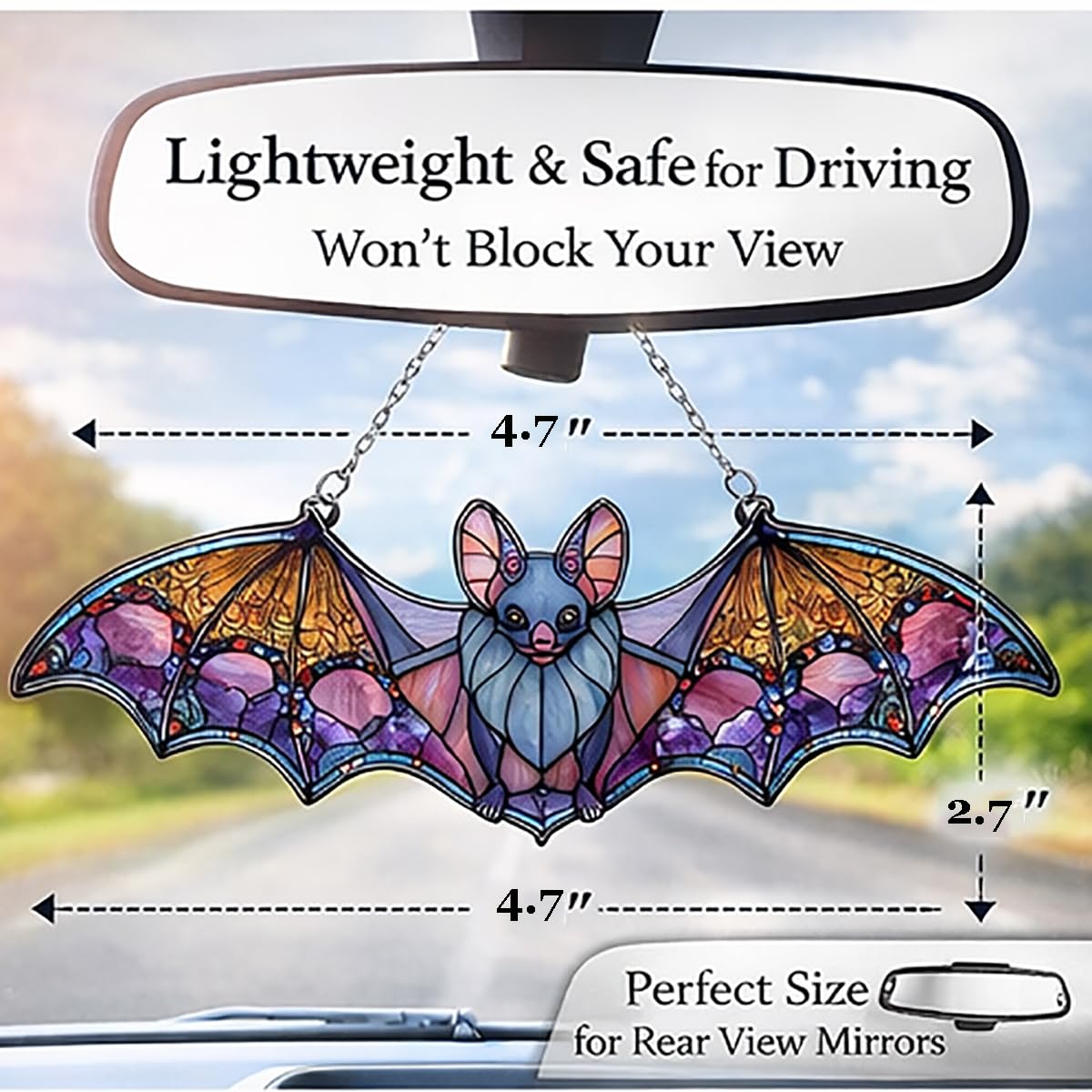 Bat Car Hanging Ornament, Stained Glass Style Bat Suncatcher, Gothic Rear View Mirror Decor, Halloween Bat Window Hanging, Witchy Gifts for Goth Women(Bat 4)