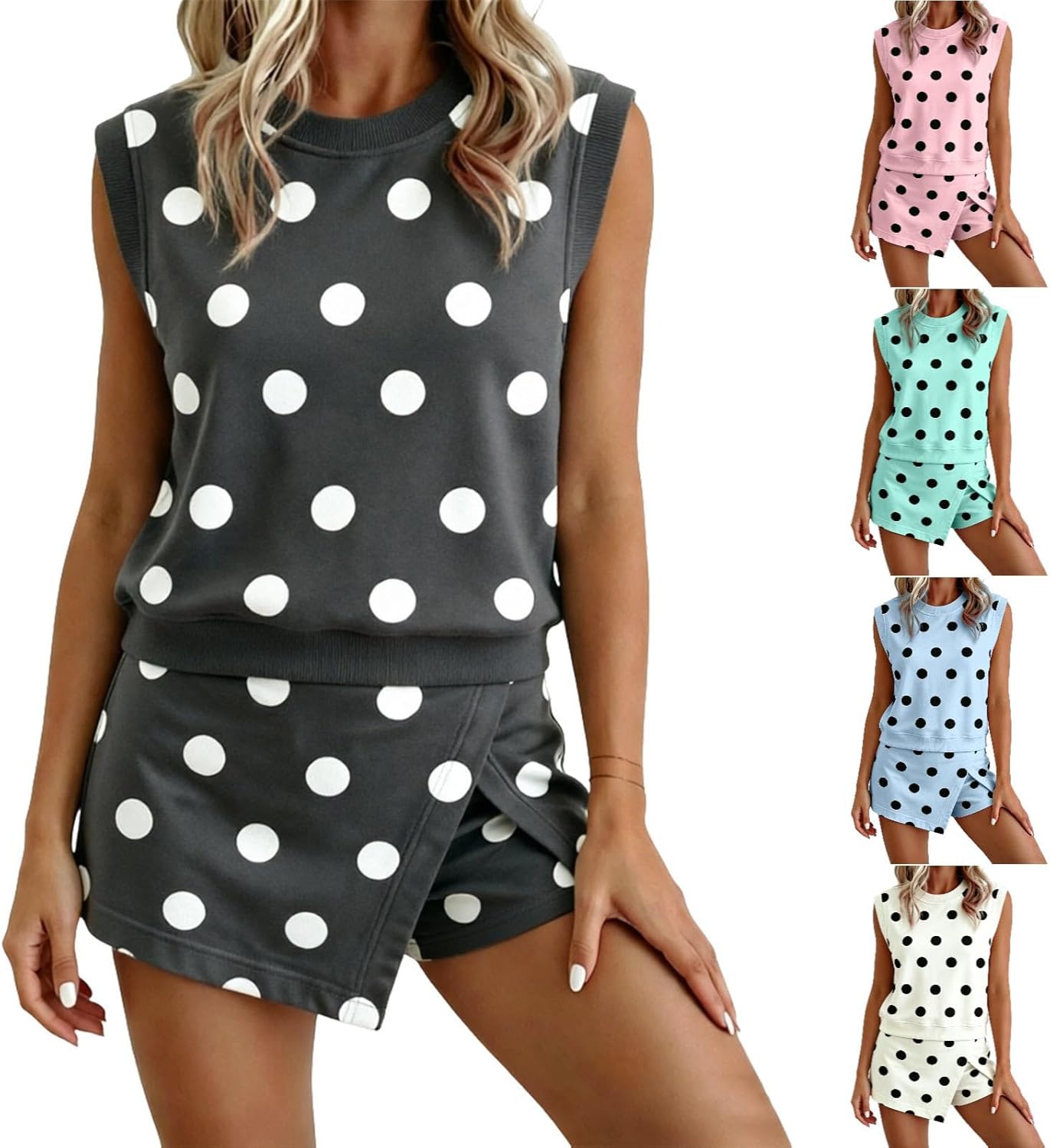 Polka Dot Two Piece Set Women Skort Sets Summer 2 Piece Outfits Sleeveless Tank Tops And Split Mini Skorts