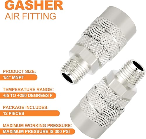 Miniatura 52 de GASHER Acoplador industrial femenino de 12 piezas, 1/4 pulgadas, acoplador de aire de conexión rápida de flujo básico de 1/4