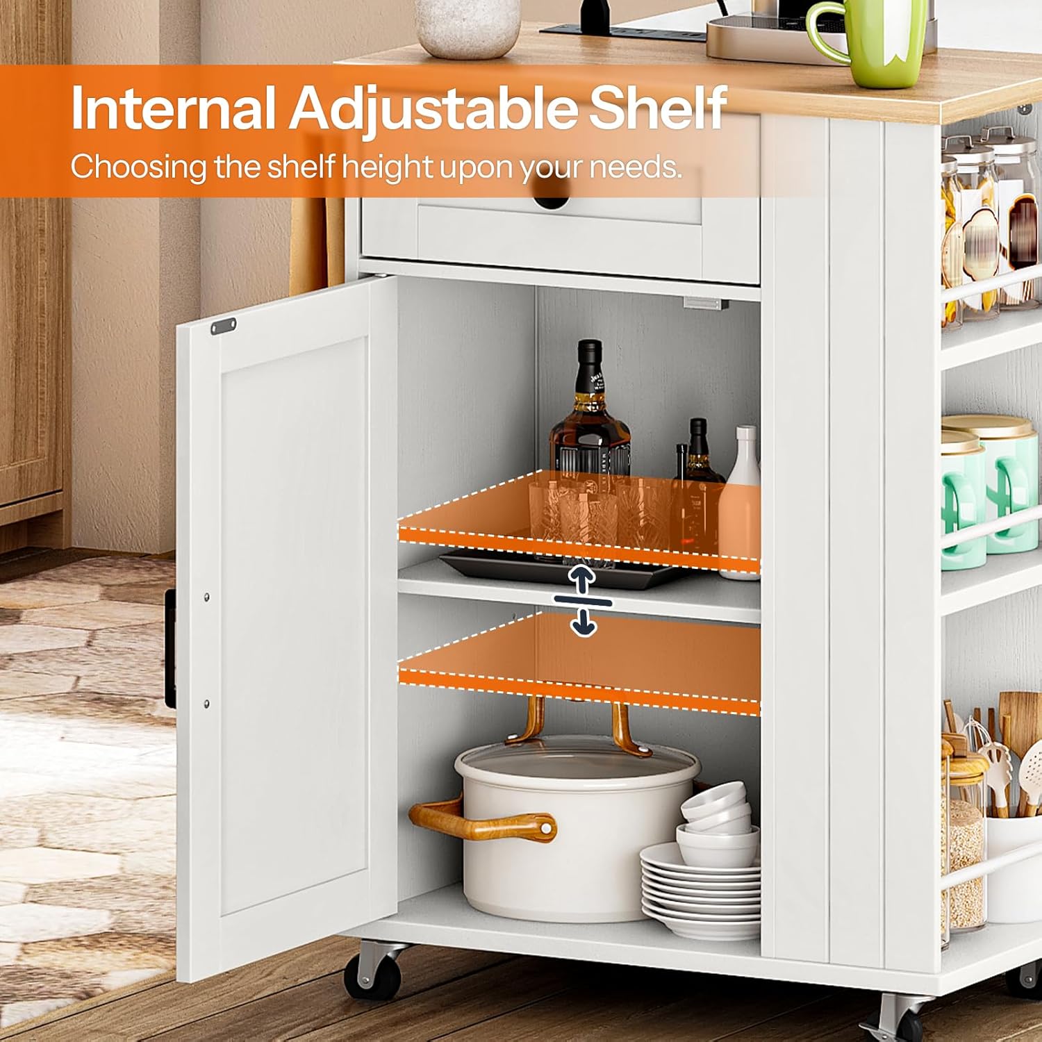 HOOBRO Kitchen Island on Wheels, Kitchen Island Cart with Power Outlet, Kitchen Storage Island with Spice Rack and Drawer, Island Table for Kitchen & Dining Room, White and Natural WN36UZD01