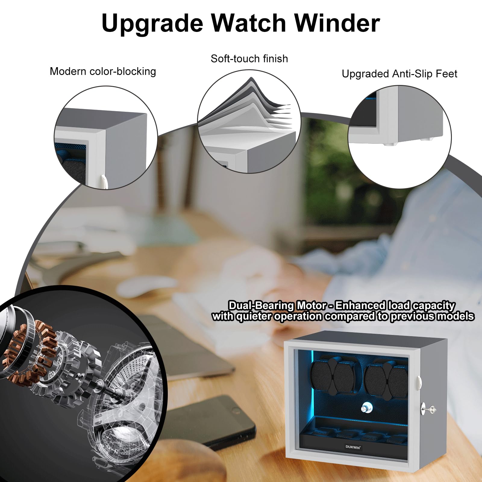 DUKWIN Watch Winder for 4/6/8/12 Automatic Watches, Lockable Automatic Winders with Extra 4/6 Watch Spaces, 4 Rotation Modes, Flexible Pillows, Quiet Motor and Blue Backlight