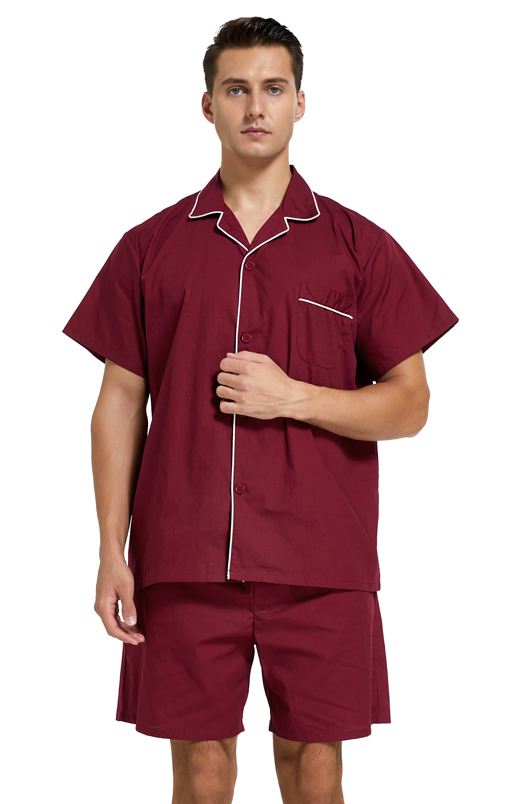 Mens Cotton Pajamas Short Sleeve Pajama Set Woven Sleepwear Loungewear