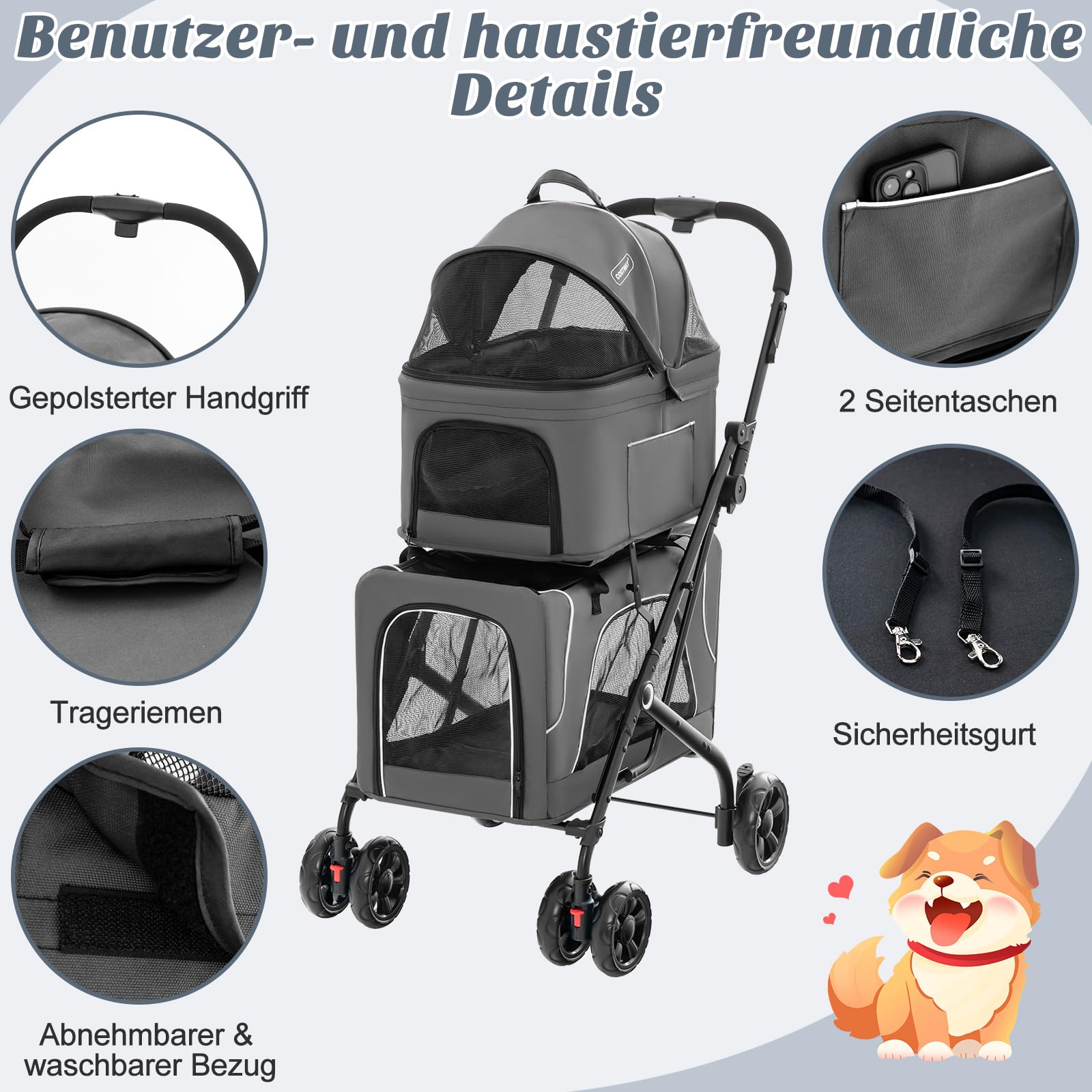COSTWAY 3 in 1 Hundewagen, Hundebuggy 2 Etagen mit Netzfenstern & Taschen & Polstern, Oxford & Metall, Haustiere Buggy bis 16 kg, Hundebox Transporttasche klappbar, für Hunde Katzen Haustiere, Grau