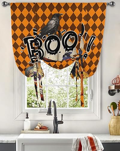 Cortinas de Halloween con lazos para cocina, dormitorio, sala de estar, ventana, ajustable, con bolsillo para barra, cenefa, cortina bohemia de
