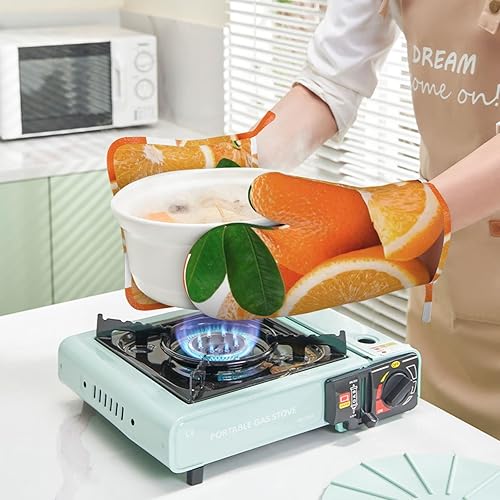 Miniatura 9 de Juego de guantes de horno y soportes para ollas con estampado naranja, resistentes al calor, antideslizantes, guantes de horno para cocina, cocina,