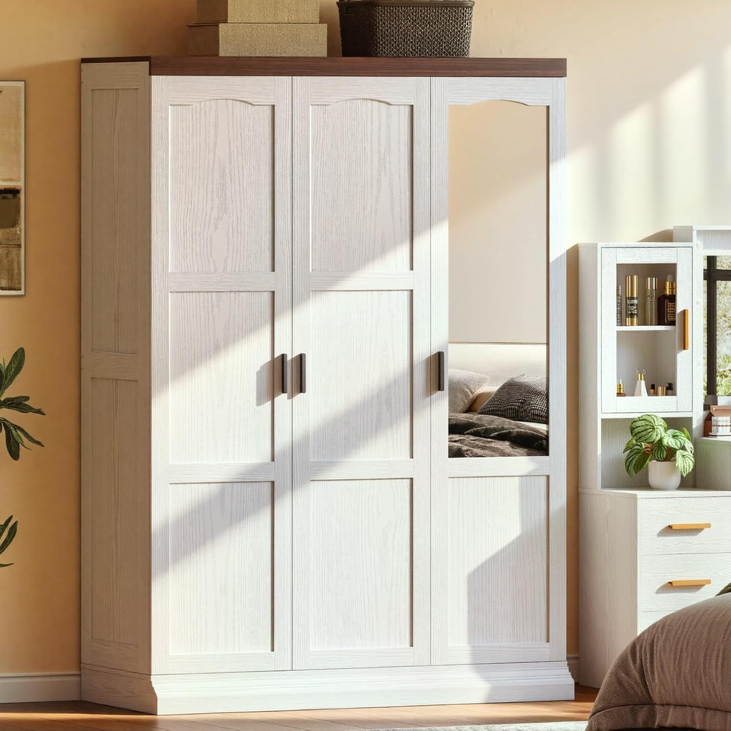 ANCTOR White 3-Door Armoire Wardrobe Closet with Mirror, Adjustable Shelves & Dual Hanging Rods for Bedroom Storage