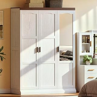 ANCTOR White 3-Door Armoire Wardrobe Closet with Mirror, Adjustable Shelves & Dual Hanging Rods for Bedroom Storage