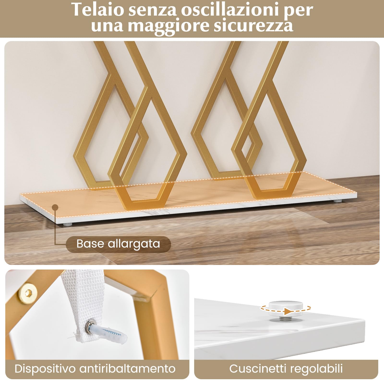 COSTWAY Tavolo Consolle 100cm, Tavolo d'Ingresso con Piedini Regolabili, Kit Antiribaltamento e Struttura in Metallo, Tavolino da Divano per Soggiorno, Ingresso e Corridoio (Bianco e Oro)