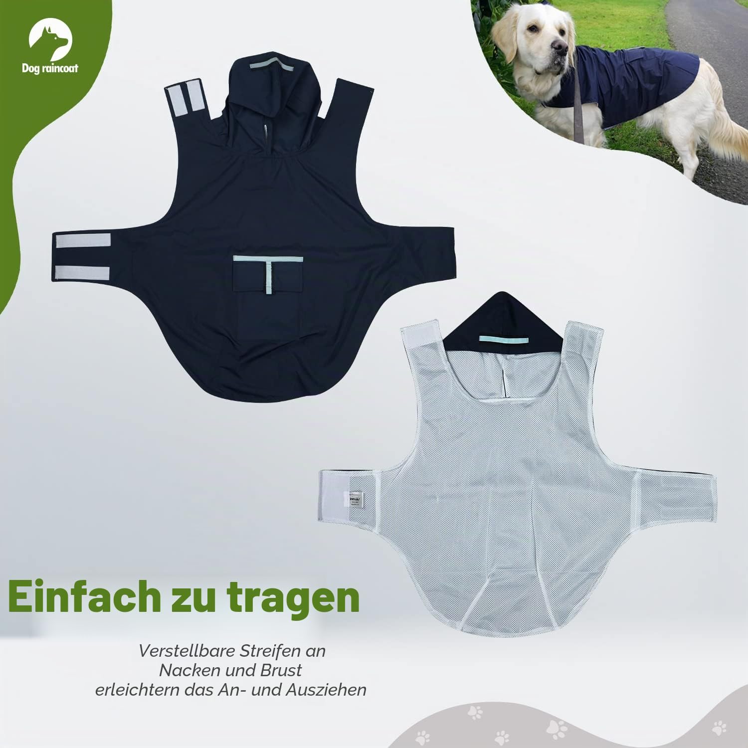 Zellar Hunderegenmantel mit Kapuze & Kragenloch & Sicheren Reflektierenden Streifen, Ultraleichte Atmungsaktive 100% wasserdichte Regenjacke für Mittelgroße bis Große Hunde, Blau, 6XL