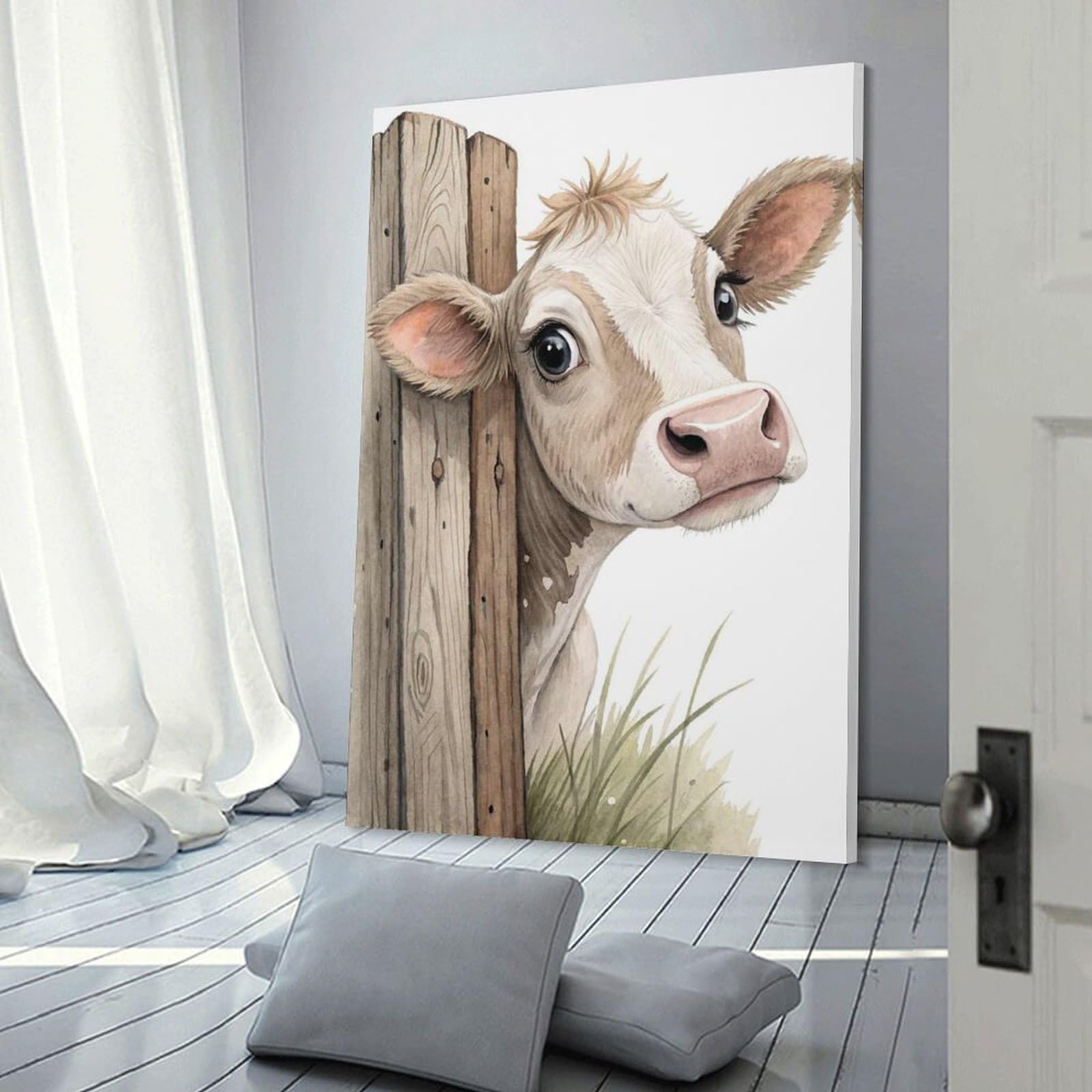 Junmoney Cute Cow Peeking Behind Fence Room Decor Wall Art 24x36inch(60x90cm), for Entrance Spaces, Stair Walls Or Halls, A Neat Decor Update for Hallways