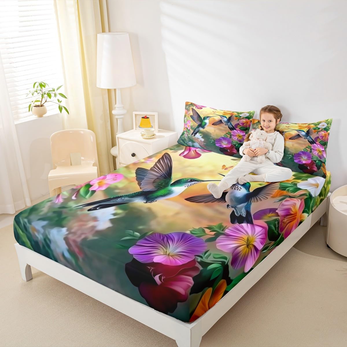 Hummingbird Fitted Sheet Farmhouse Tropical Birds Spring Floral Full Size Bed Sheets - Watercolor Flowers Rustic Aesthetic Animal Bedding Set