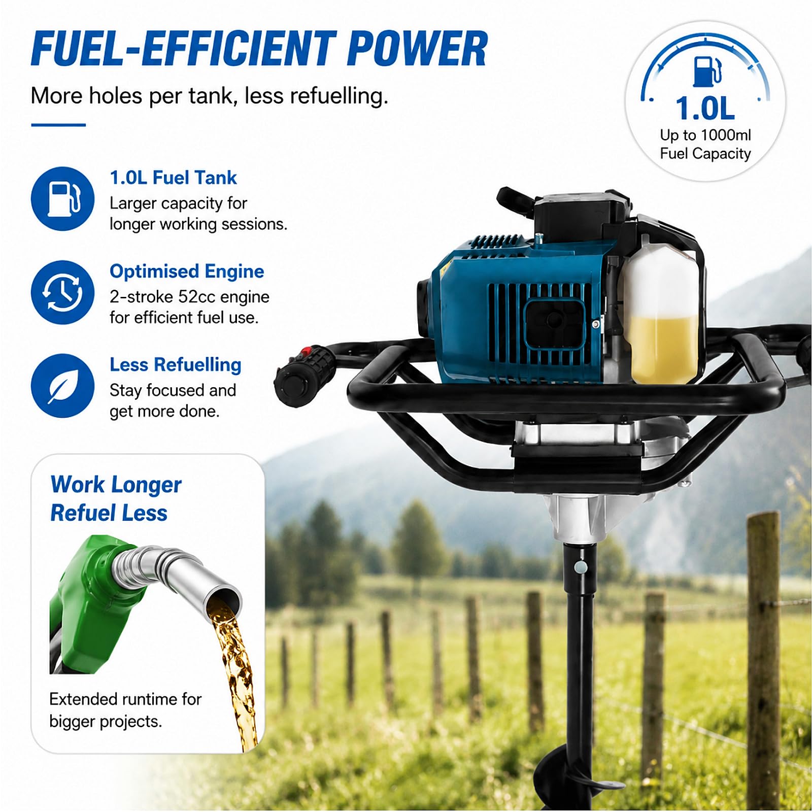 Ahoyadora Gasolina | 52CC 1,7KW | 2,3CV | 2 Tiempos Motor | 100/200mm Broca | 305mm Prolongador | Barrena para Tierra Compactadora De Tierra Ahoyadora Manual Ahoyador para Huerto