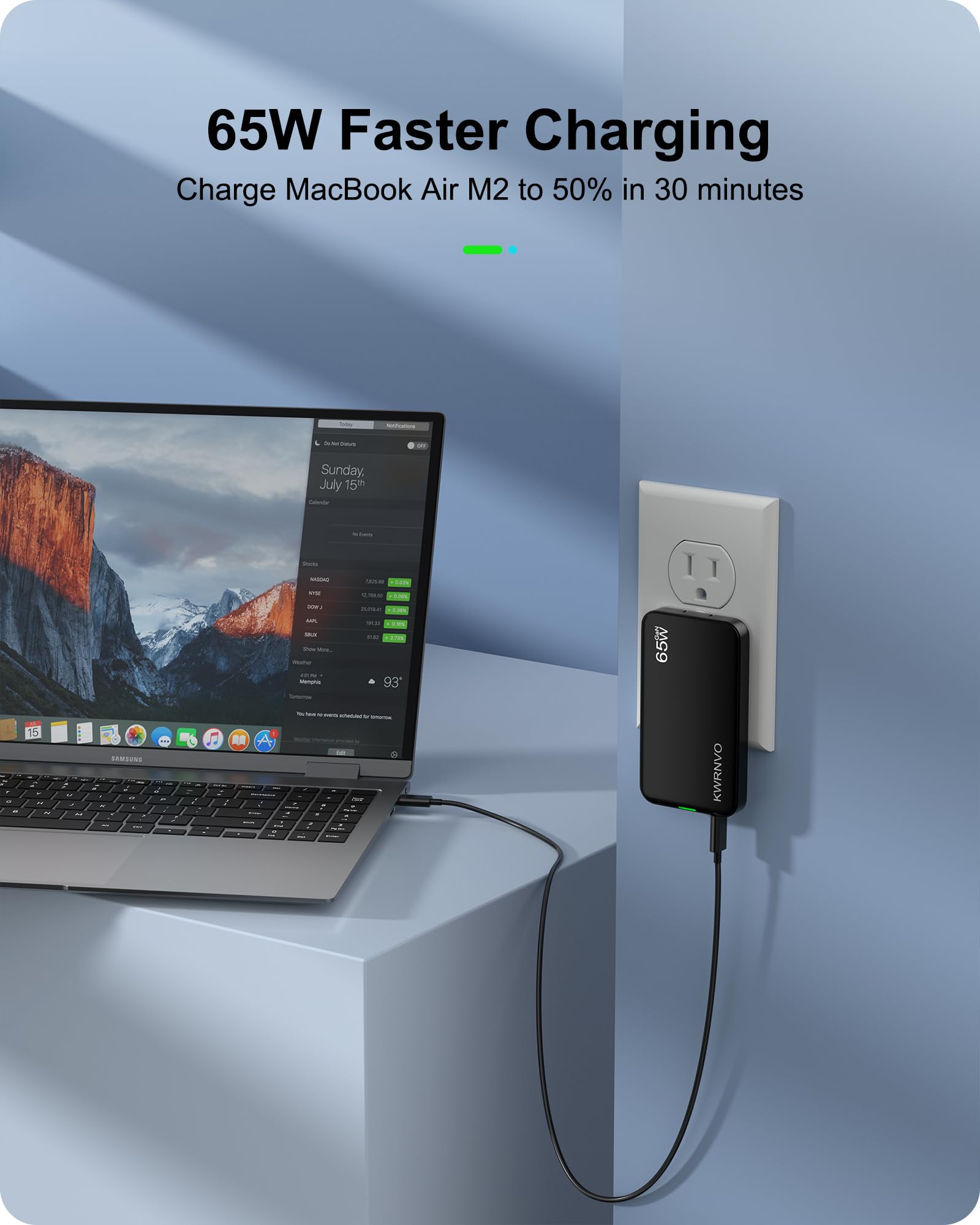 Caricatore da parete USB piatto, caricatore GaN a 3 porte con 2 porte USB-C e 1USB-A, spina da parete ultra sottile veloce per MacBook Pro/Air, Pixelbook, iPad Pro, iPhone 16/15/14 (nero, 65 W)