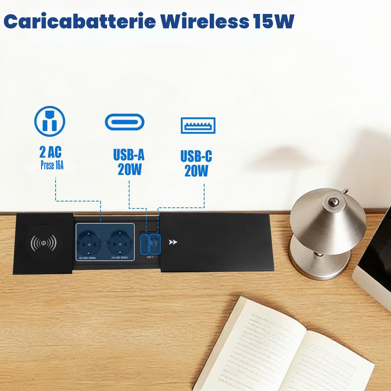 Ciabatta elettrica da incasso, 2 prese, a scomparsa, con caricatore wireless da 15 W, e USB-C, presa a scomparsa con coperchio scorrevole per scrivania, divano, tavolo da conferenze