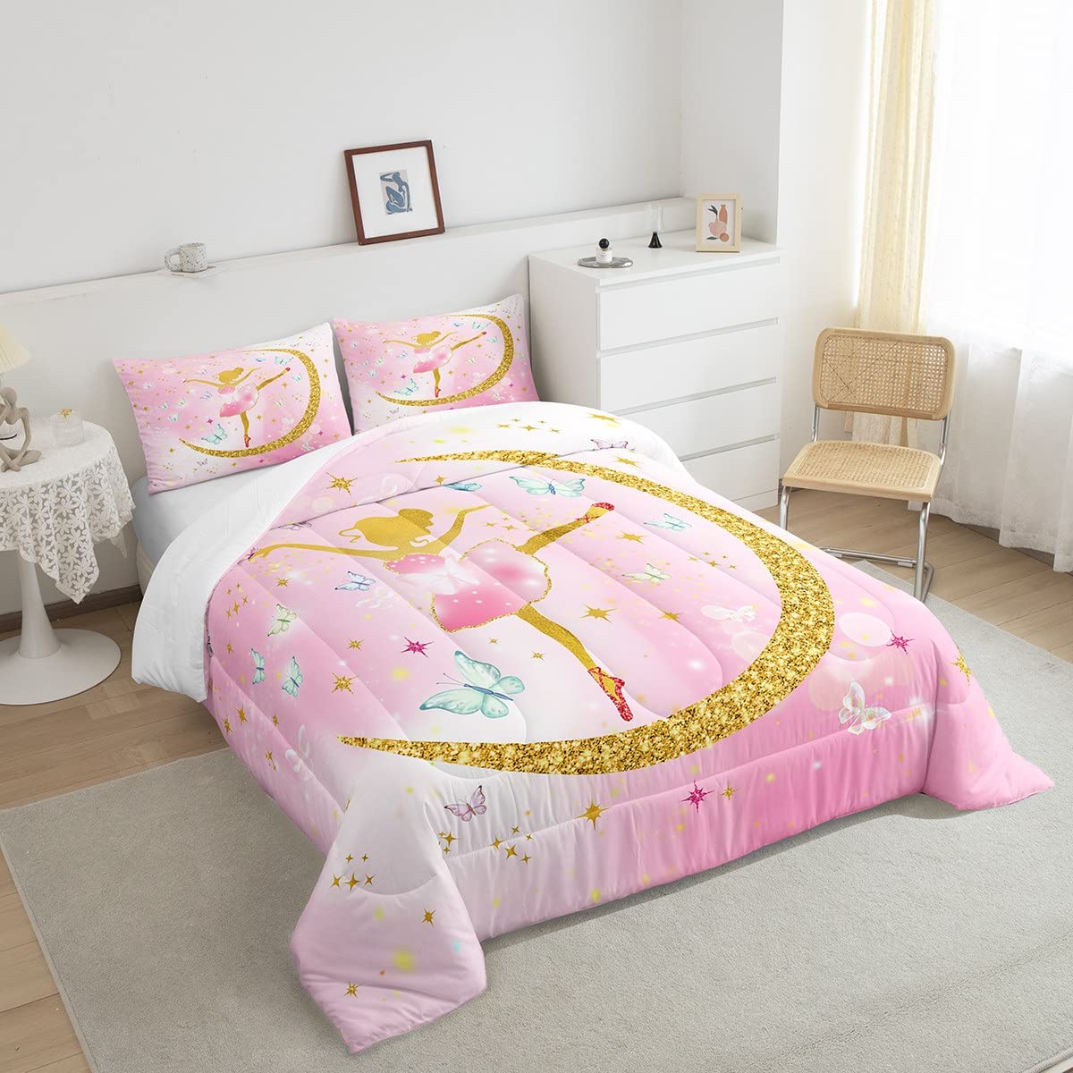 Set di biancheria dada balletto per e, ballerino, piumino, set da palestra, ginnastica, piumino, set Trapunta con brillantini, con farfalle, ultra morbido, colore: rosa, 3 pezzi