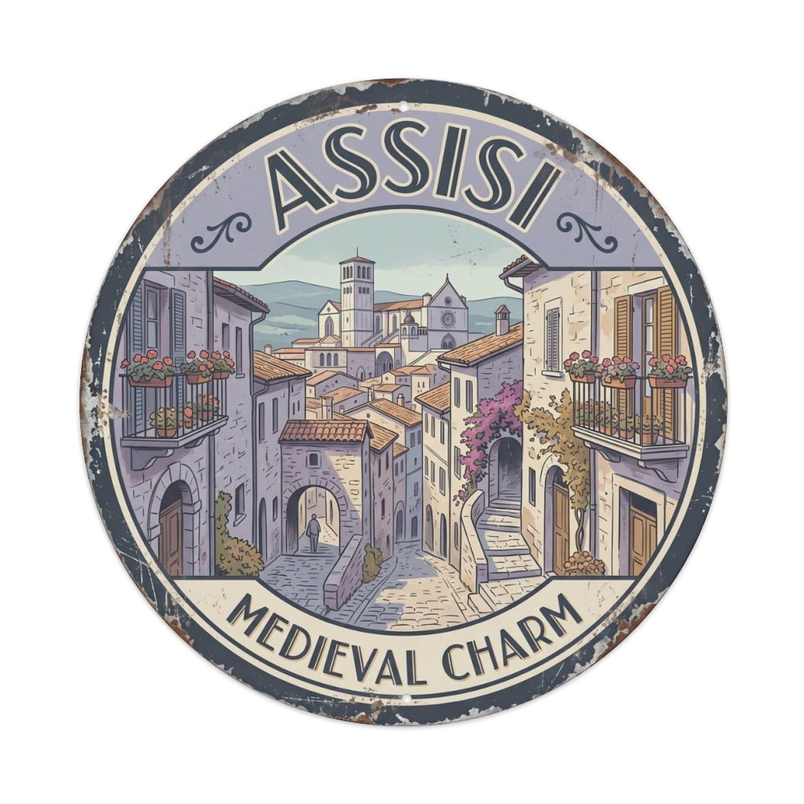 Vintage Travel Assisi Medieval Streets Metal Tin Sign Plaque Wall Decor for Cafe, Club, Garden Round Metal Poster 8x8Inch