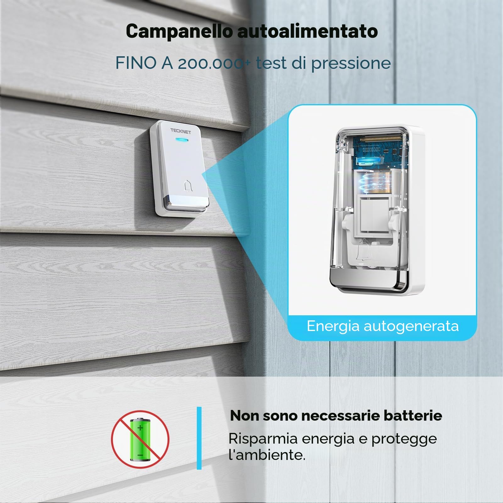 TECKNET Campanello senza fili 400 metri, impermeabile IP65 con funzione di ricarica e luce a LED, kit di 1 campanello, 2 ricevitori, 60 melodie 5 livelli volumi, per casa, ufficio, hotel