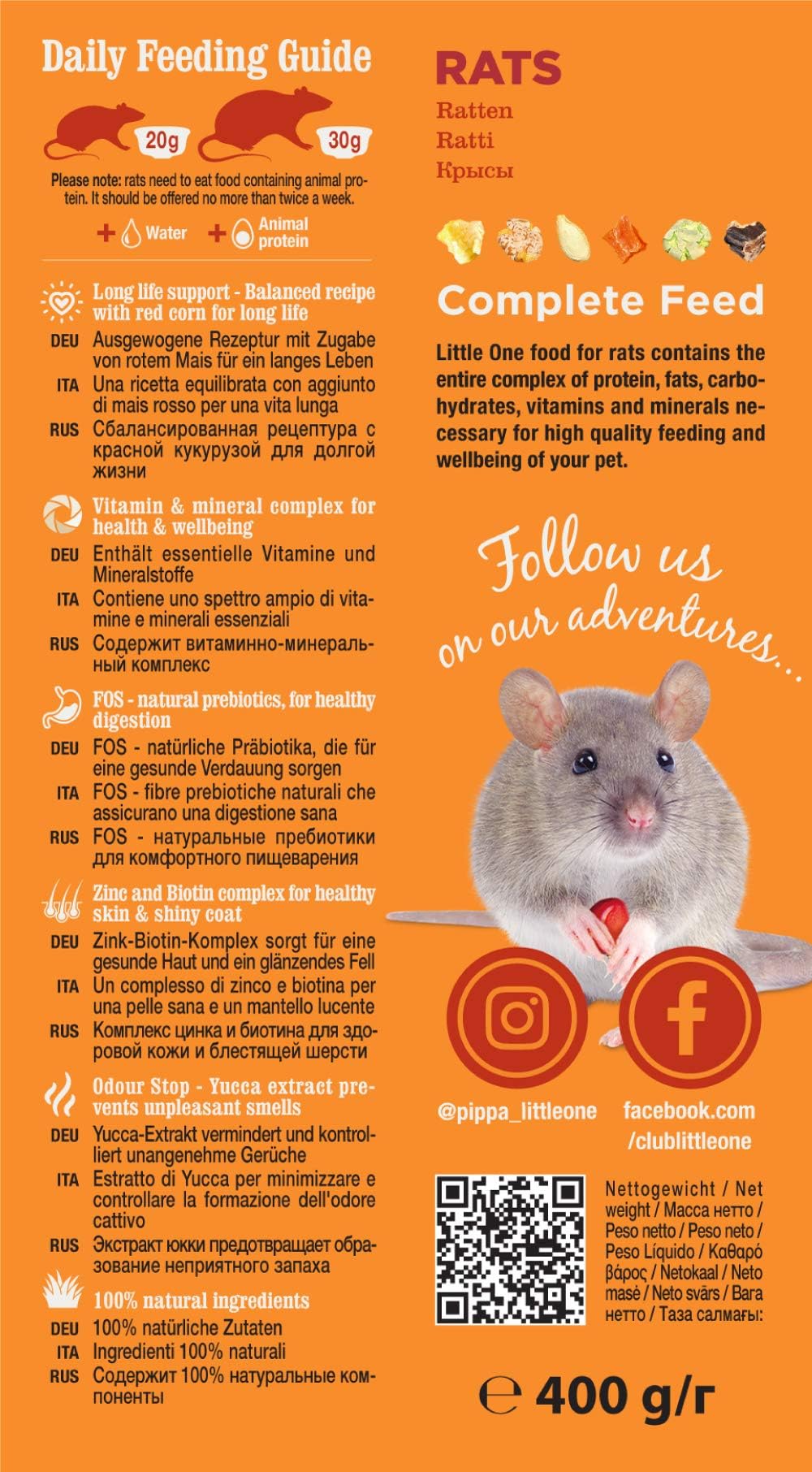 Little One Ratas | 400 g | Alimento Completo para Ratas | Contiene proteínas y carbohidratos | con minerales y vitaminas | Composición equilibrada y nutritiva