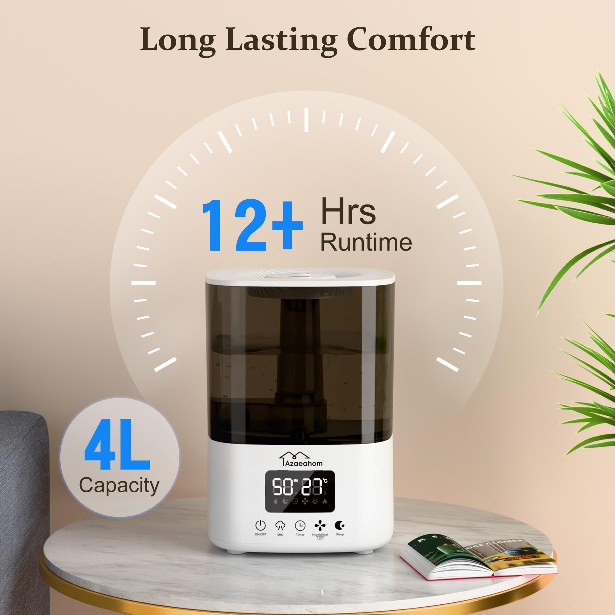 Umidificatori intelligenti per camera da letto, Umidificatore a nebbia fredda da 4 litri per grandi stanze, diffusore di oli essenziali, controllo tramite app, sollievo rapido dei sintomi