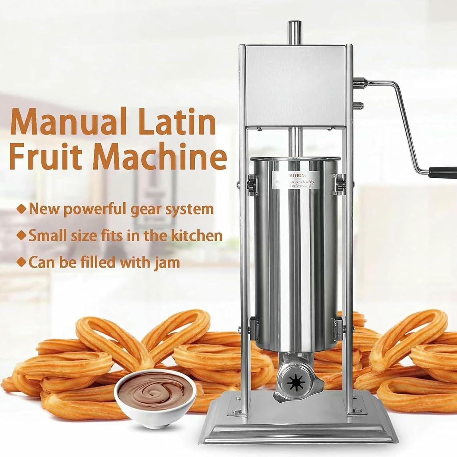 Spanischer Churro-Macher, manuelle Wurstfüllmaschine, vertikaler Edelstahl, inklusive 6 Formen und 5 Klistierformen, ideal für Cafeterien, Bäckereien und den Heimgebrauch
