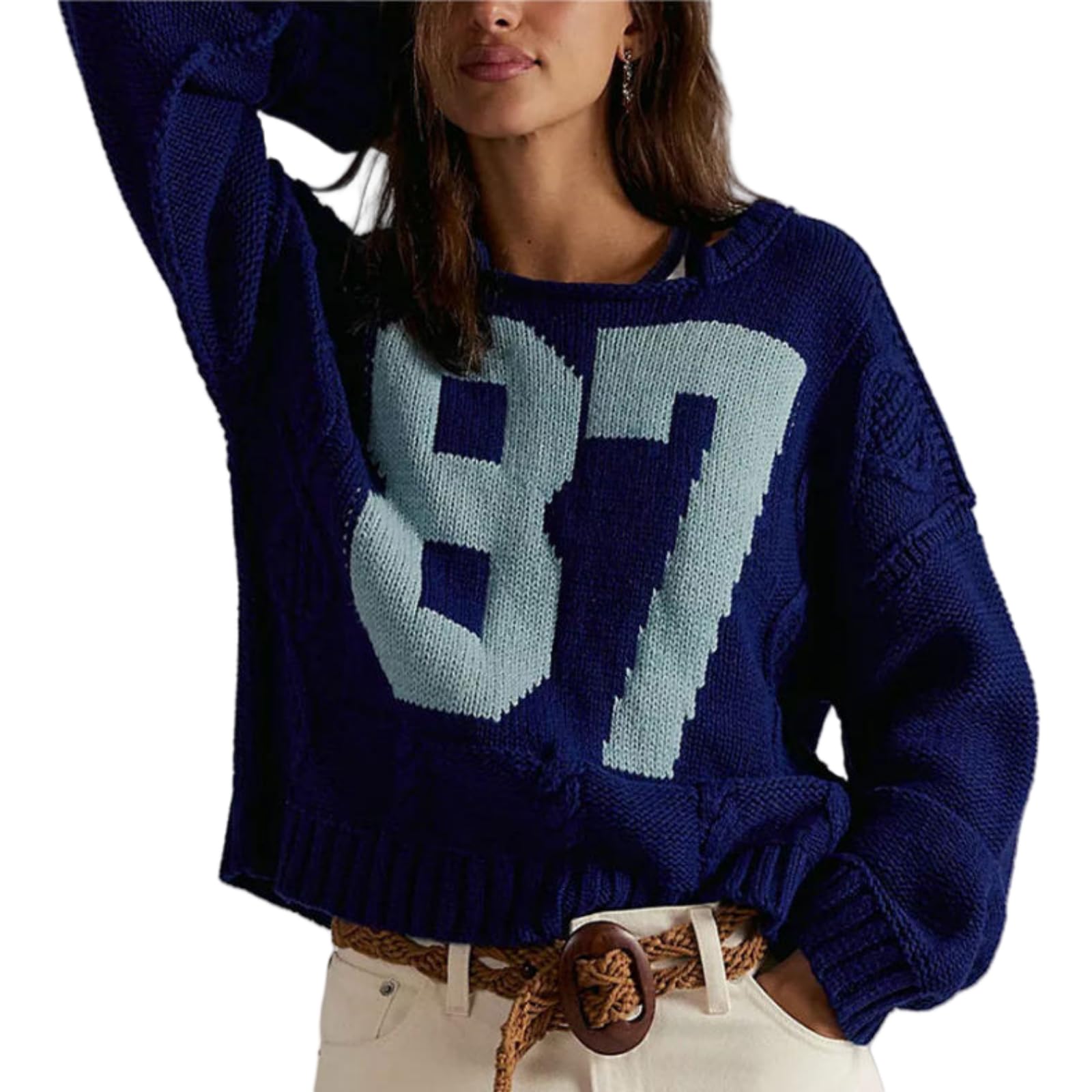 Womens Casual Knit Sweater 87 Number Long Sleeve Cable Knit Crew Neck Trendy Pullover Tops