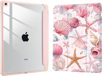 Joyland Pink Conch Shell for iPad 7th/8th/9th Generation Case 2019/2020/2021 10.2 inch,Built-in Pencil Holder with Shockproof Cover Clear Transparent Back Shell Auto Wake/Sleep,Pink
