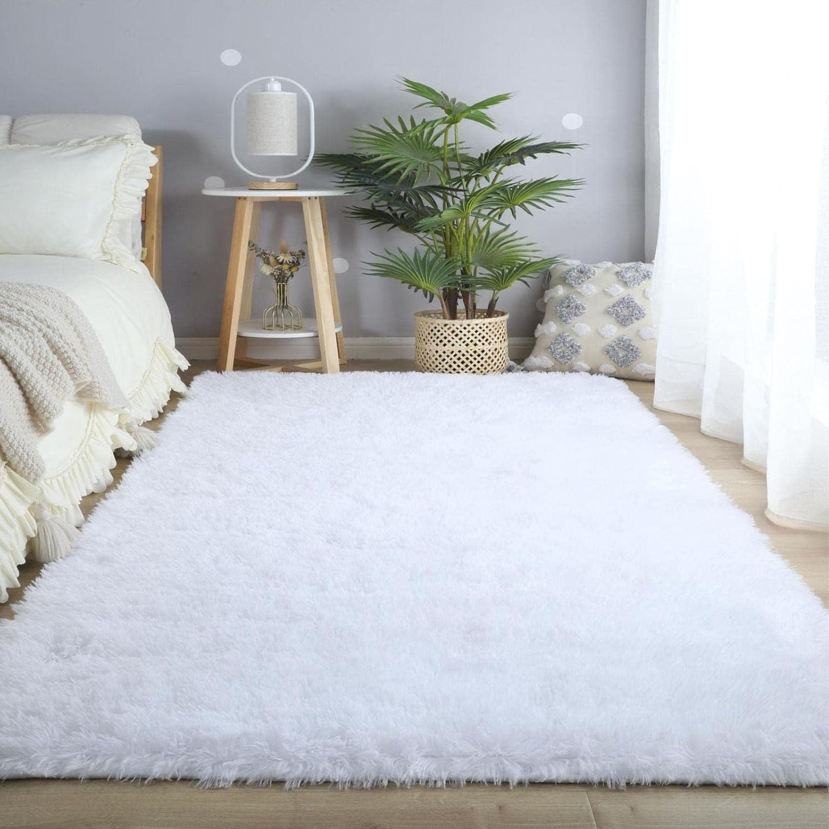 Tapis salon à poils courts blanc 160 x 190 cm antidérapant et moelleux