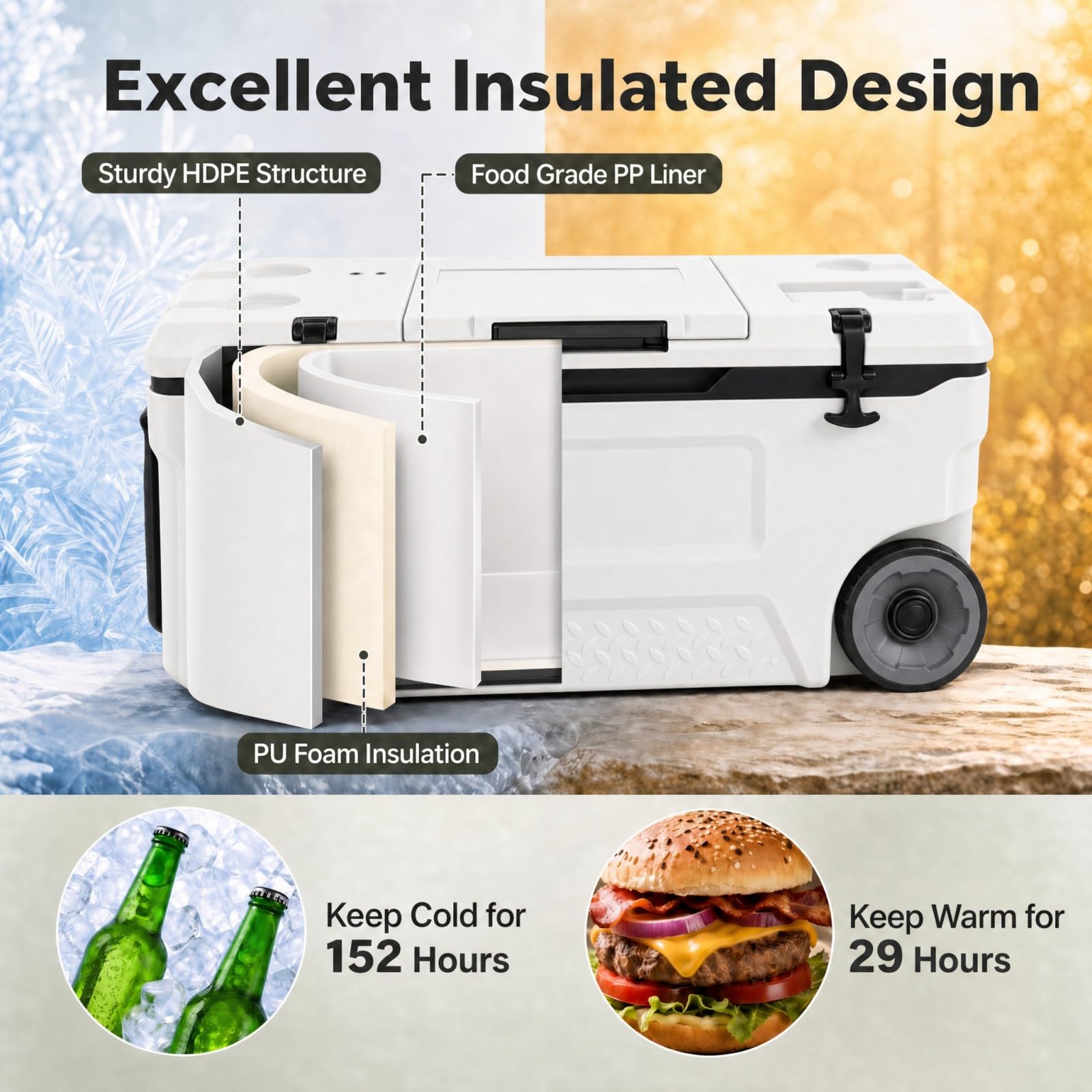 LIFEZEAL Glacière 50/70 L Isotherme, Boîte Réfrigérante Grande Capacité | Maintient Froid 151H et Chaleur 32H, Siège d'Appoint, Porte-Gobelets, Décapsuleur, Règle de Pêche, pour Pique-Nique Camping