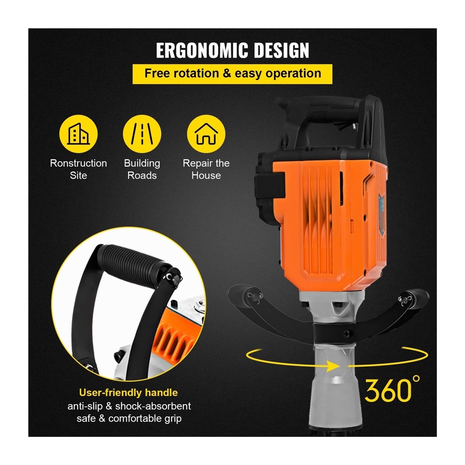 Marteau électrique 1400 W, 1500, 3600, outil de démolition béton, marteau rotatif multifonction Pour une utilisation DIY(1500W)