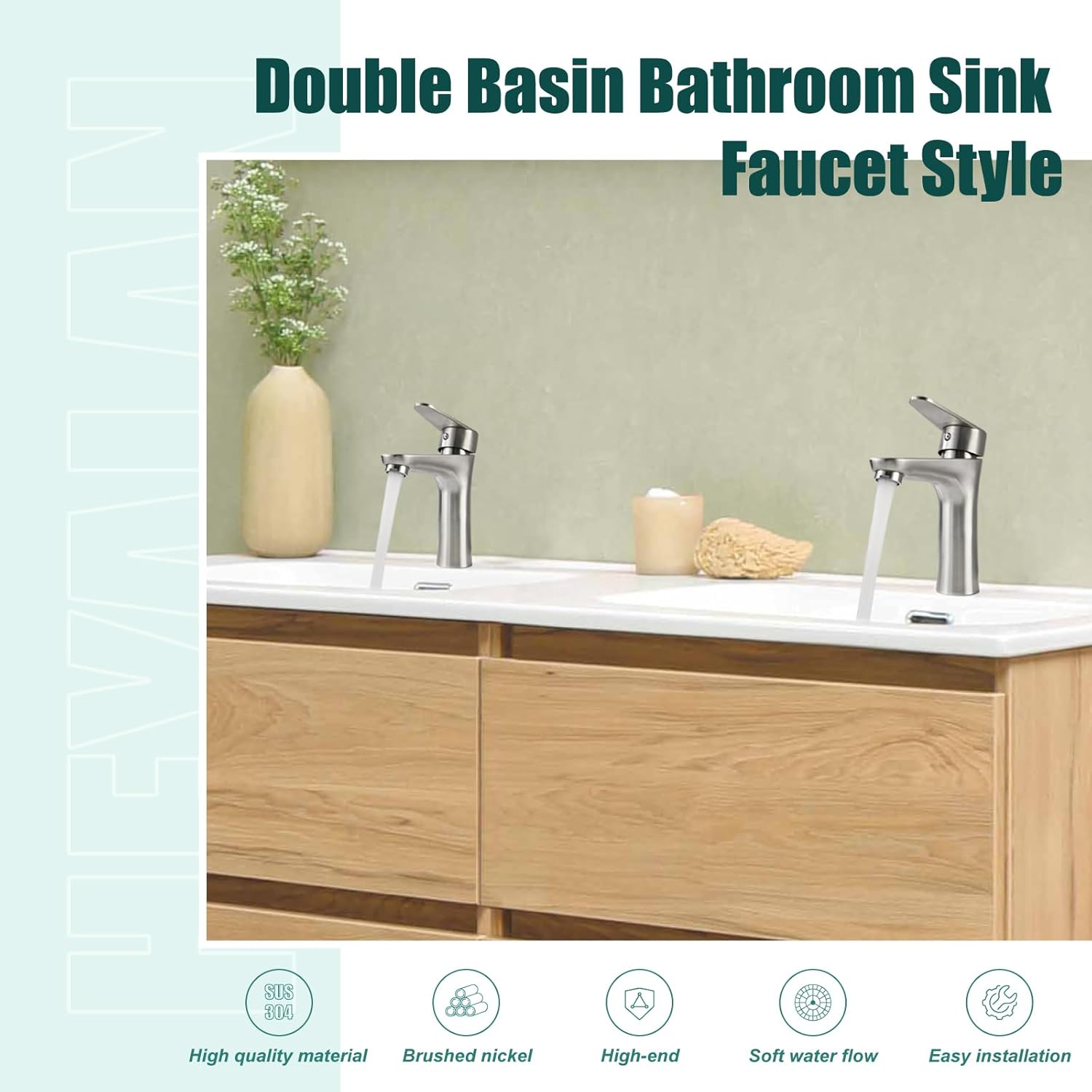 Heyalan Bathroom Faucet Single Handle 1 Hole SUS304 Stainless Steel Deck Mount Lavatory Single Switch Basin Sink Faucet with Pop Up Drain and Hot and Cold Water Mixer Brushed Nickle