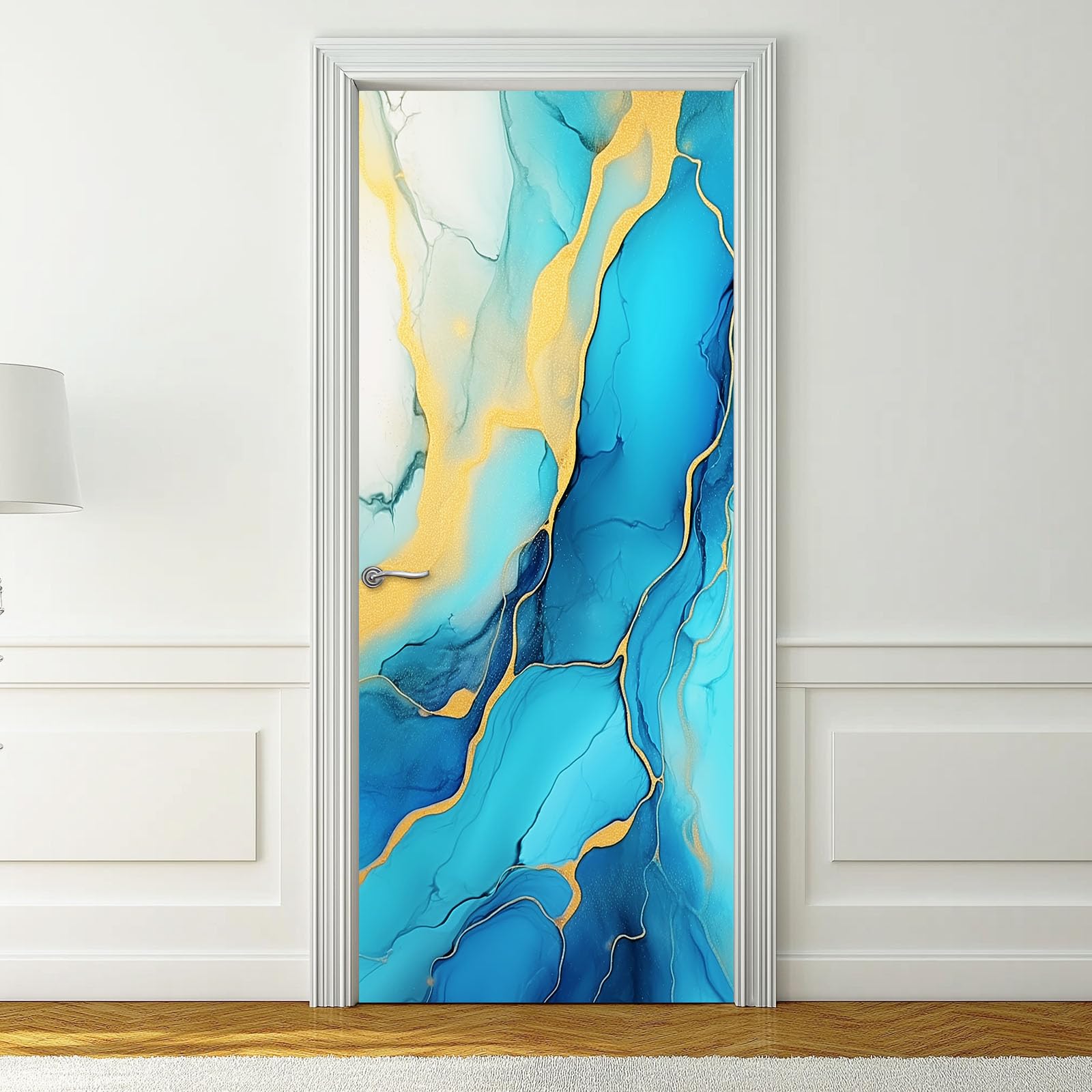 Adesivi 3D per porta con texture astratta in agata, autoadesivo, motivo a vortice ad acquerello, carta da parati rimovibile in vinile per interni, decorazione artistica da parete, impermeabile, blu