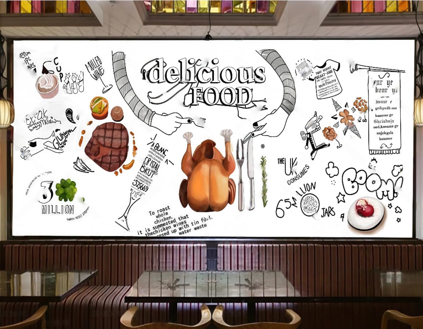 XDOUBAO Wallpaper Retro Wooden Board Pizza Shop Steak Cuisine Fast Food Drinks Afternoon Tea Western Restaurant Background Wallpaper Coffee Shop Mural,3D,300x210cm