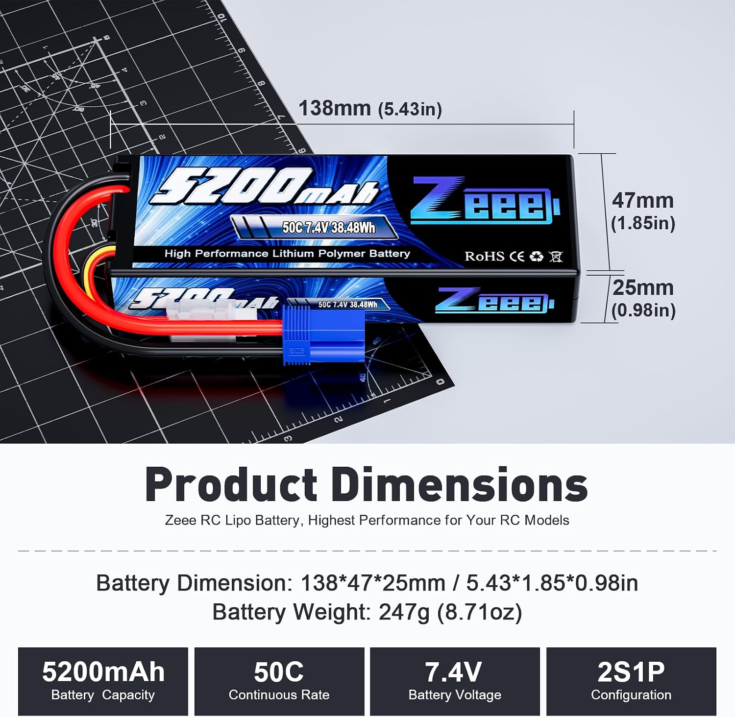 Zeee 2S 5200mAh 7.4V 50C Lipo Battery Hard Case Lipos with EC5 Plug for 1/8 1/10 RC Vehicles Car Slash RC Buggy Truggy RC Hobby(2 Pack)