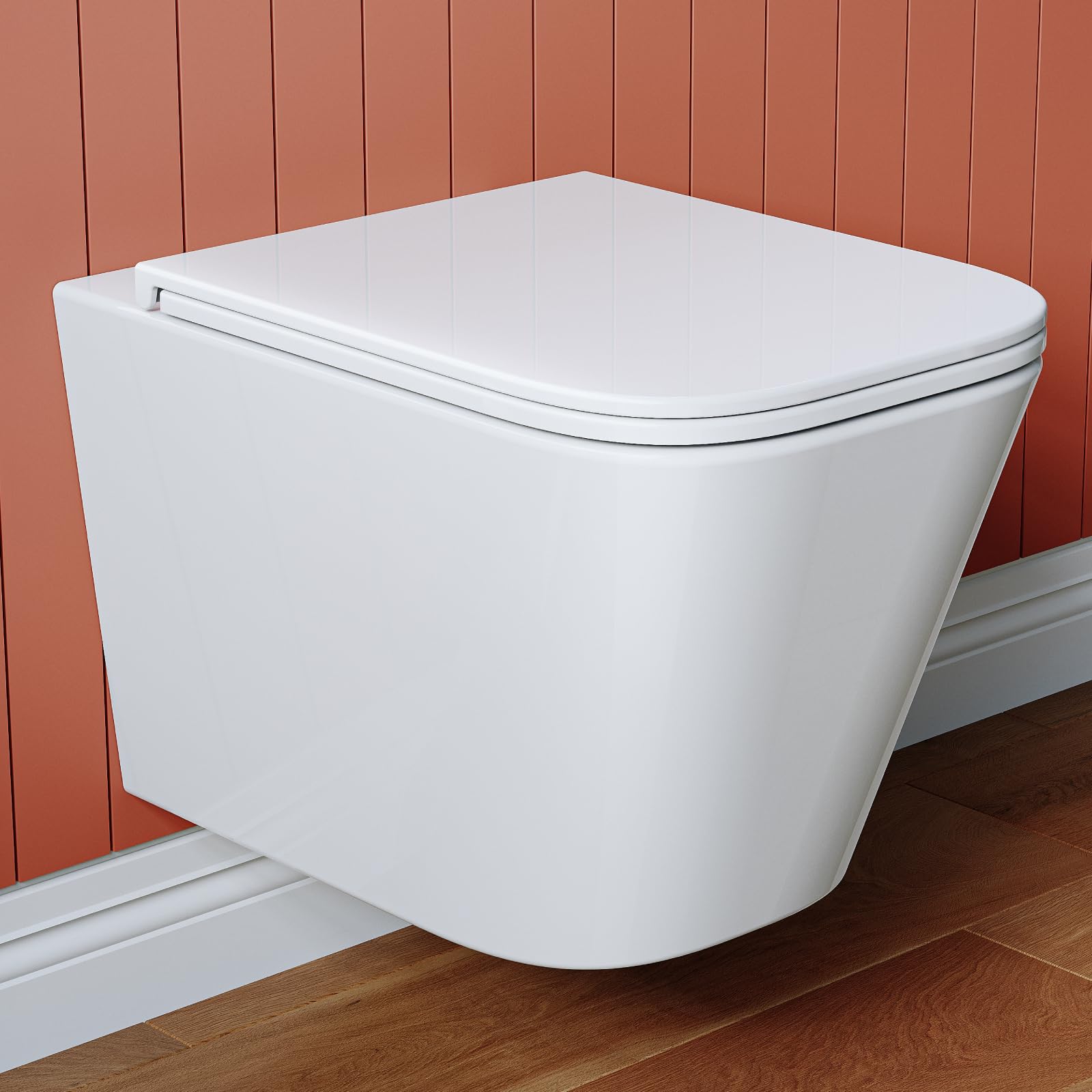 Wisząca WC z wolnoopadającą deską – toaleta z jednootworową spłukiwaną superspinem – WC naścienna do WC dla gości – ceramiczna muszla klozetowa z miękkim domykaniem – 50,5 × 34 × 36 cm