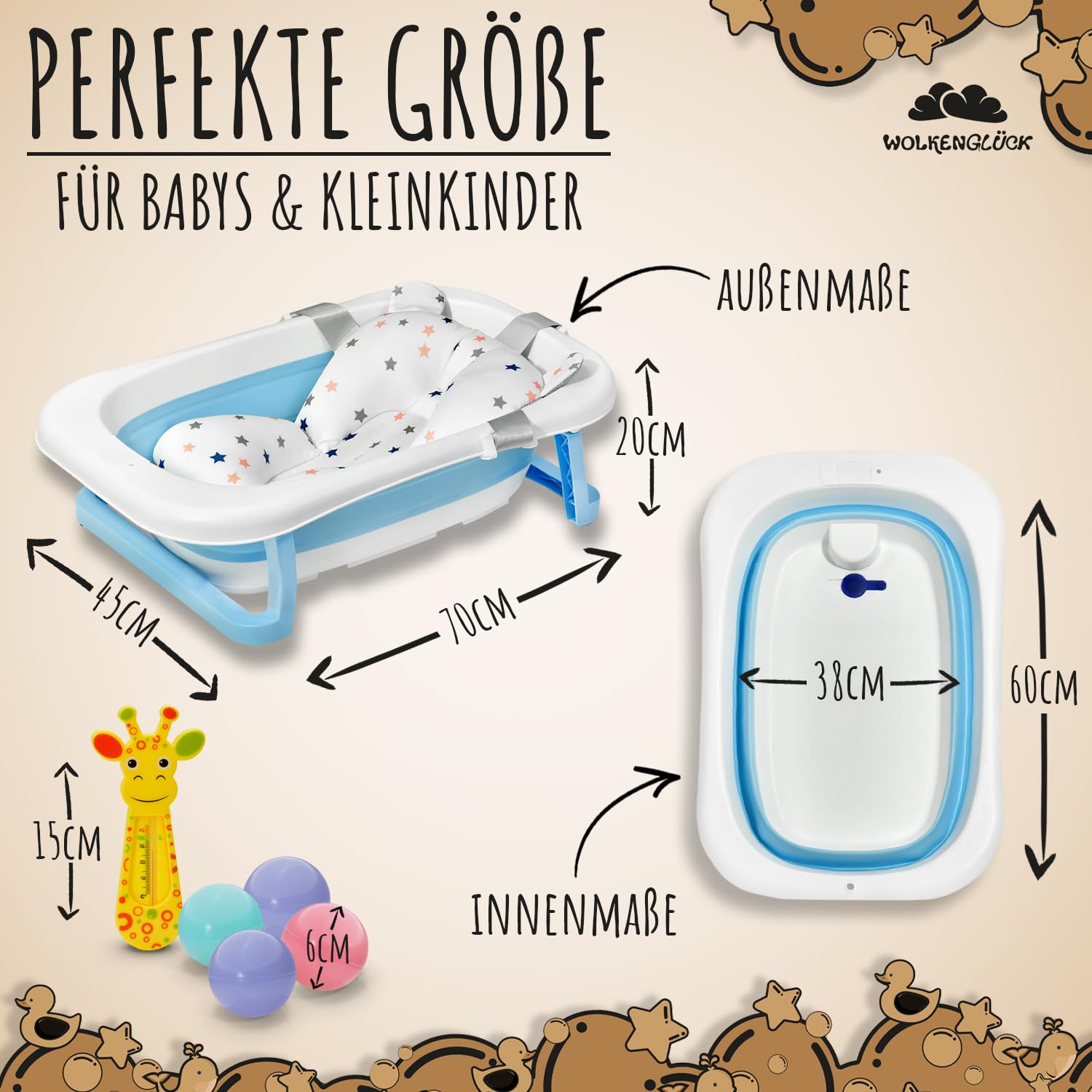 WOLKENGLÜCK® Faltbare Babybadewanne [50 Liter] - Platzsparende Baby Badewanne inkl. Thermometer, 4 Spielbällen & extra weichem Badekissen - Hochwertige Badewanne für Babys - BPA-frei
