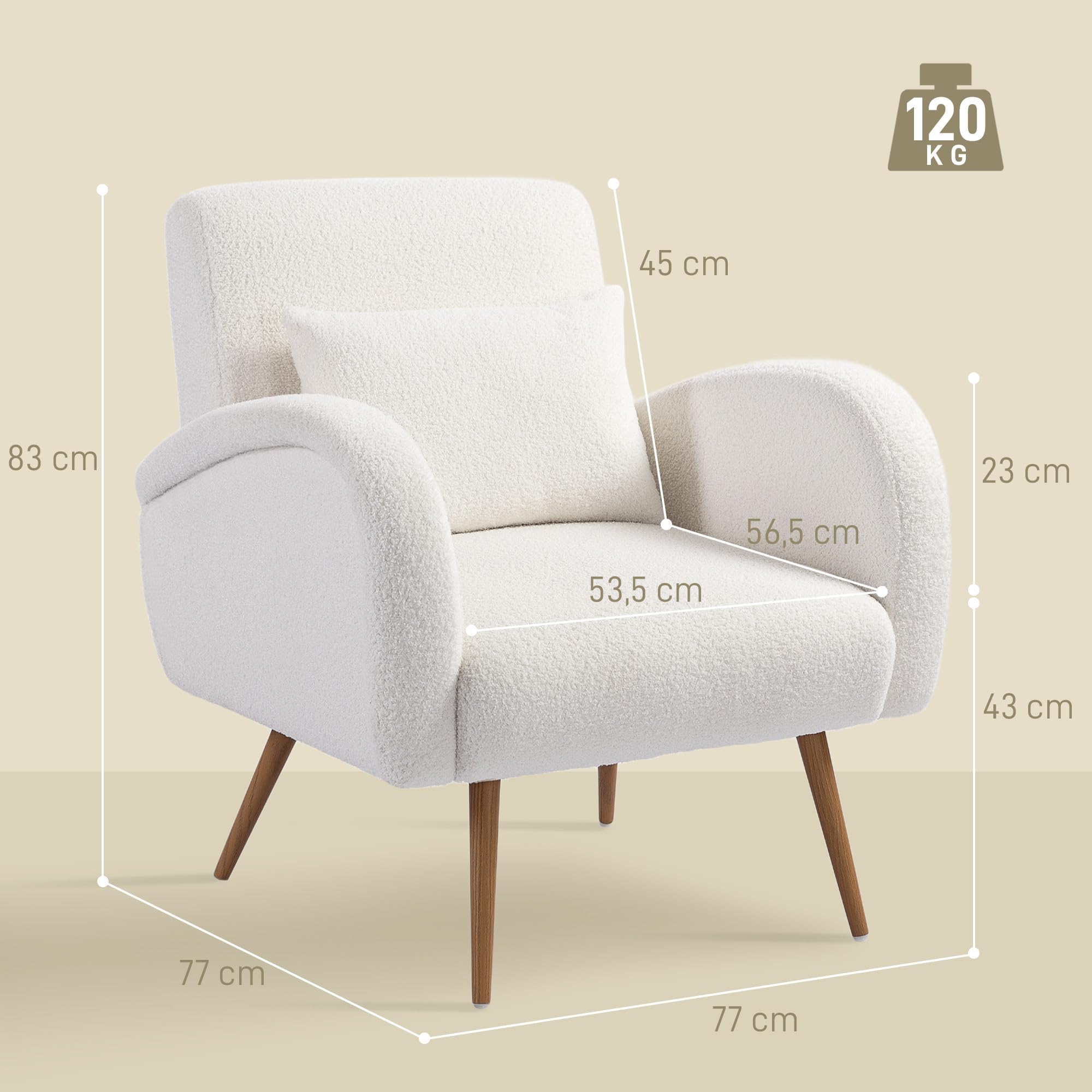 HOMCOM Sessel gepolsterter Loungesessel mit Armlehnen, Lendenkissen, Lesesessel Relaxsessel mit Metallbeine, Teddyfleece-Optik, Polstersessel für Schlafzimmer Wohnzimmer Cremeweiß