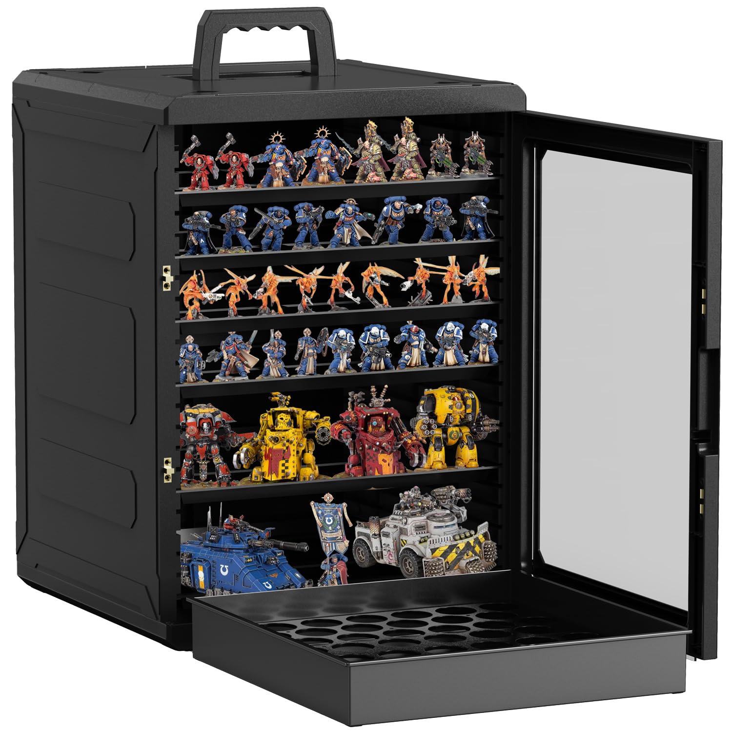 modular led miniatures storage and transport case for figures toy cars airplanes boats with 5 trays amp 52-well paint rack