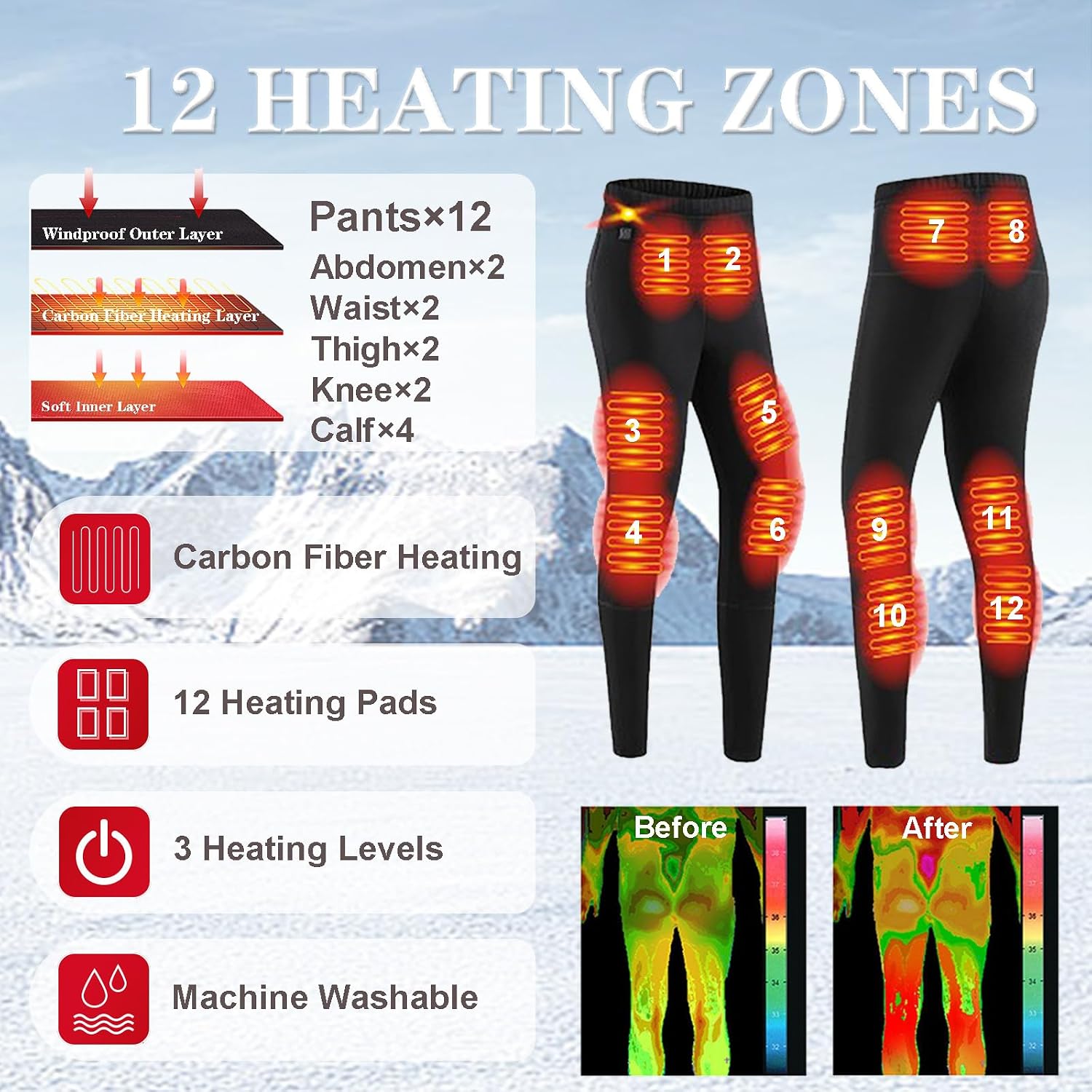 Heated Underwear Pants for Women with 12 Heating Zones Fleece Lined Thermal Long Johns Underwear Bottom