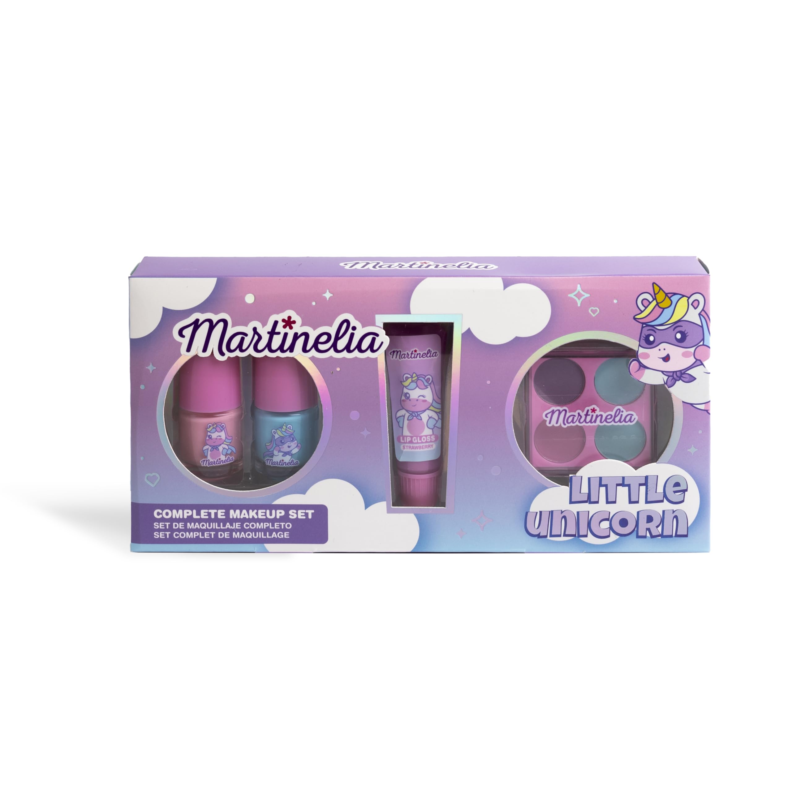 Martinelia – Kit de maquillaje de unicornio para niños, estuche de maquillaje para niñas, 4 sombras de ojos + 2 esmaltes de uñas + 1 brillo, sin productos nocivos – regalo niña a partir de 3 años