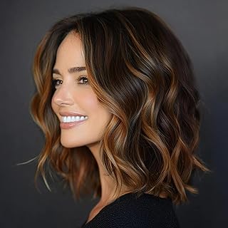 AISI HAIR 14 Inch Highlights Caramel Brown Wigs for Women - Shoulder Length Wave Wig with Pre-Cut Lace Hairline, Middle Part Natural Wavy Bob Synthetic Heat Resistant Fiber for Daily and Party