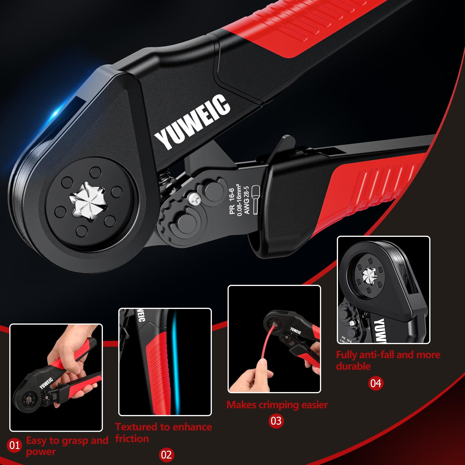 Hex-Crimpzange – Ratschen-Werkzeug für isolierte & nicht isolierte Kabel, 28–6 AWG (0,08–16 mm²), ergonomischer selbstjustierender Griff, inklusive 950 Einzel- und 350 Doppelkabelschuhe