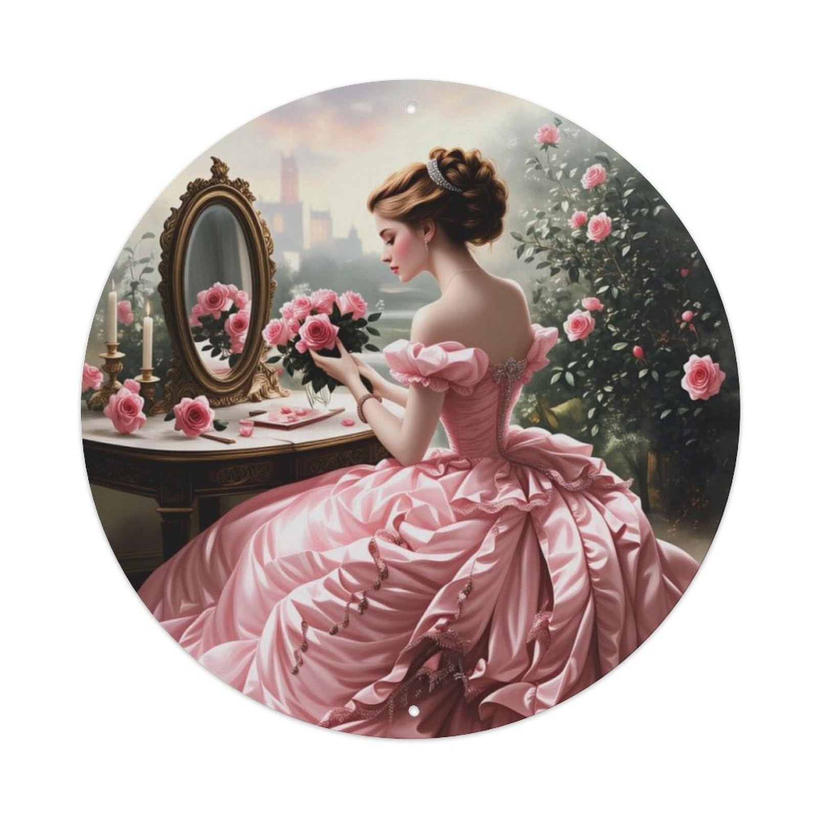European Vintage Palace Lady With Roses Round Sign Vintage Aluminium Metal Sign, Retro Wall Decor for Home, Bar, Garage & Farmhouse 20x20cm
