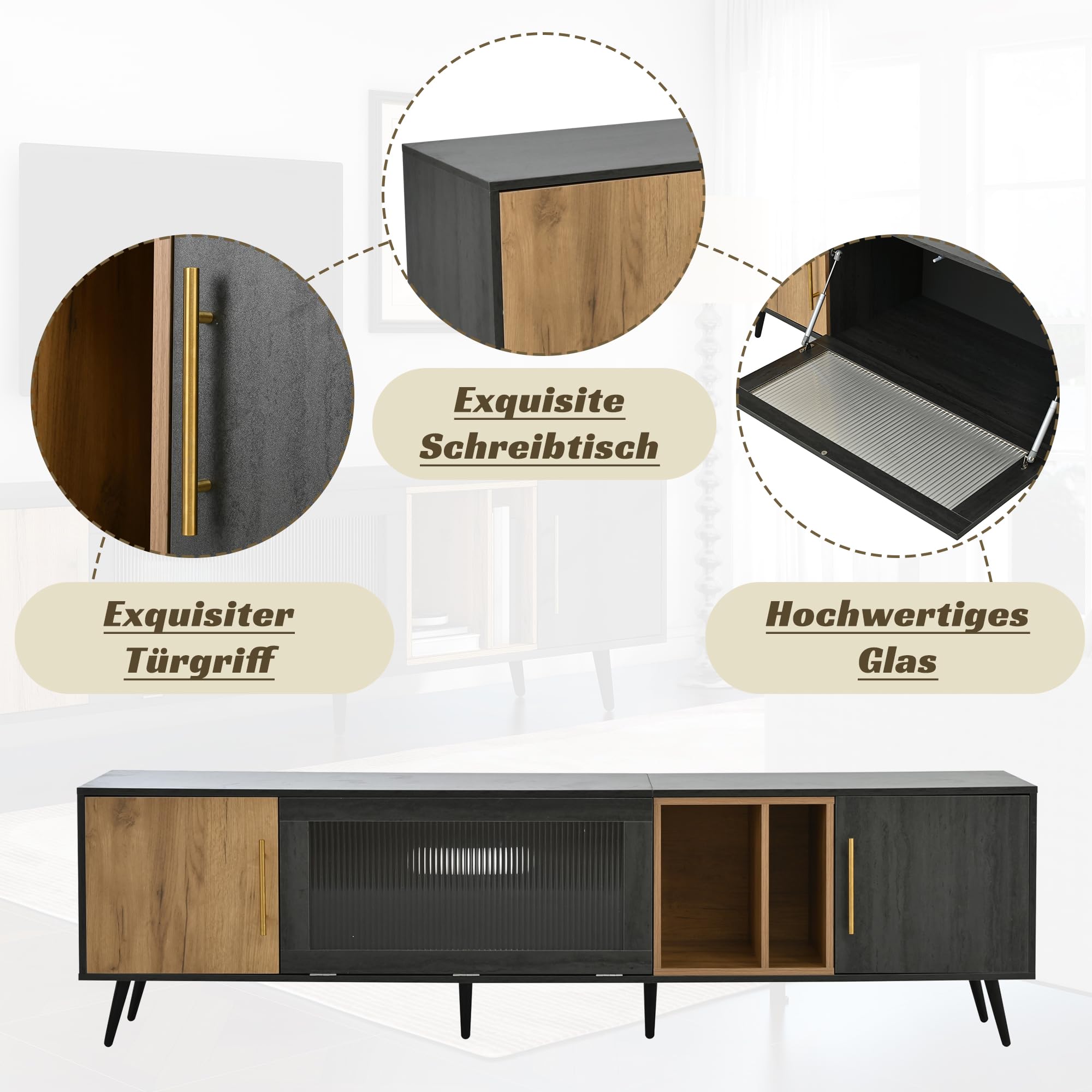 Rtopsu Mobile TV, Tavolo TV Basso per TV Fino a 90 Pollici, Scaffale TV con 3 Ante e 4 Vani Portaoggetti Mobile per Soggiorno Sala da Pranzo Camera da Letto, 200x40x55.5 cm, Legno, Grigio & Marrone
