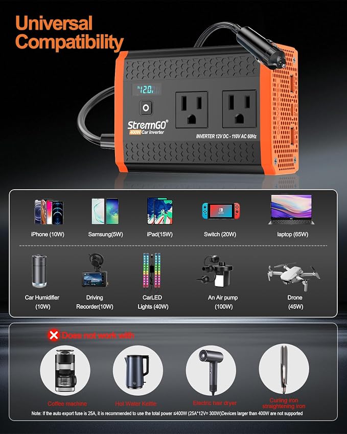 Inversor de corriente 400W para vehículo con doble enchufe y carga USB rápida miniatura 9