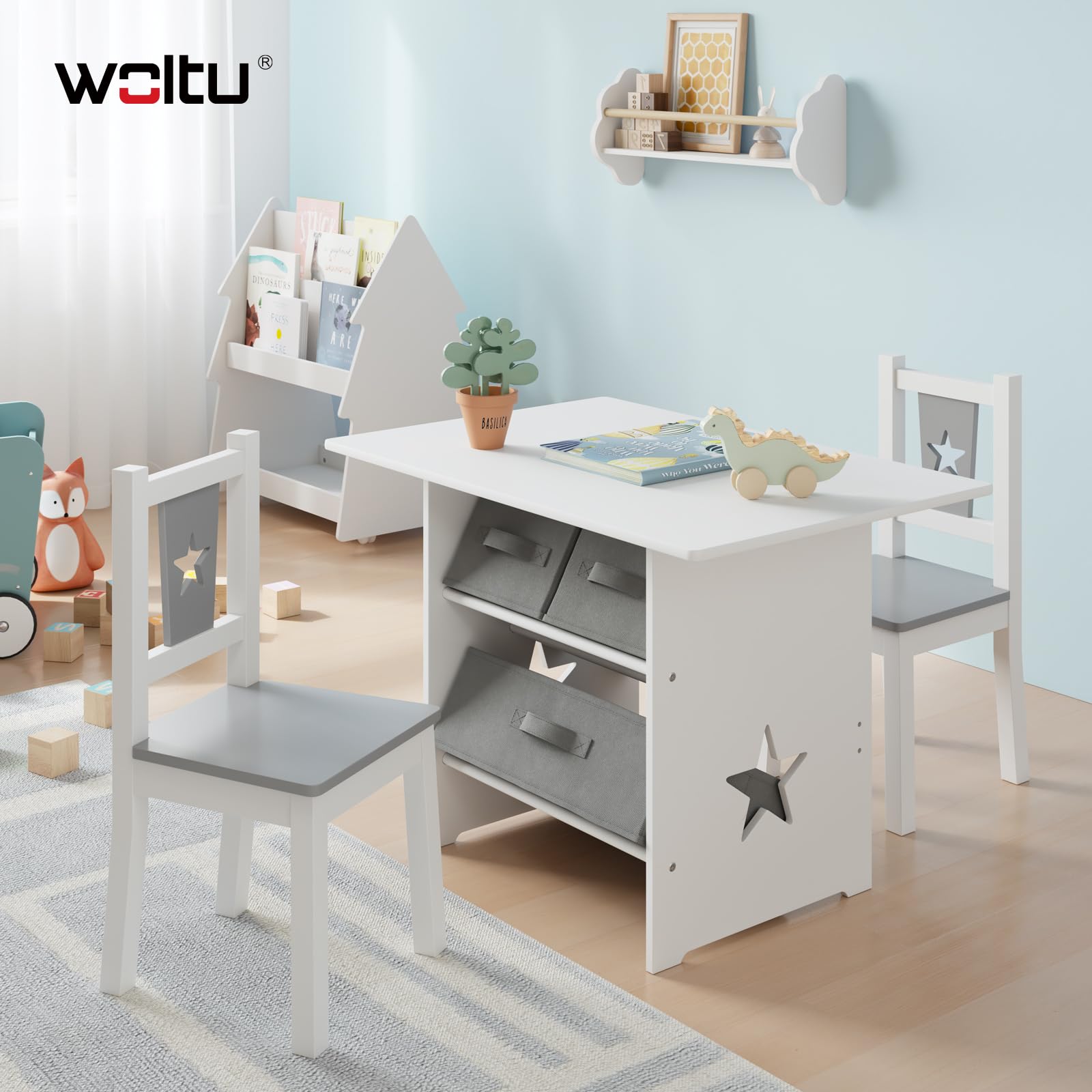 WOLTU Kindersitzgruppe, 1 Kindertisch und 2 Stühle, Kindertisch mit Stauraum, Kindermöbel Set aus Holz, mit 3 Aufbewahrungskörben, Sitzgruppe für Kinder, Grau + Weiß
