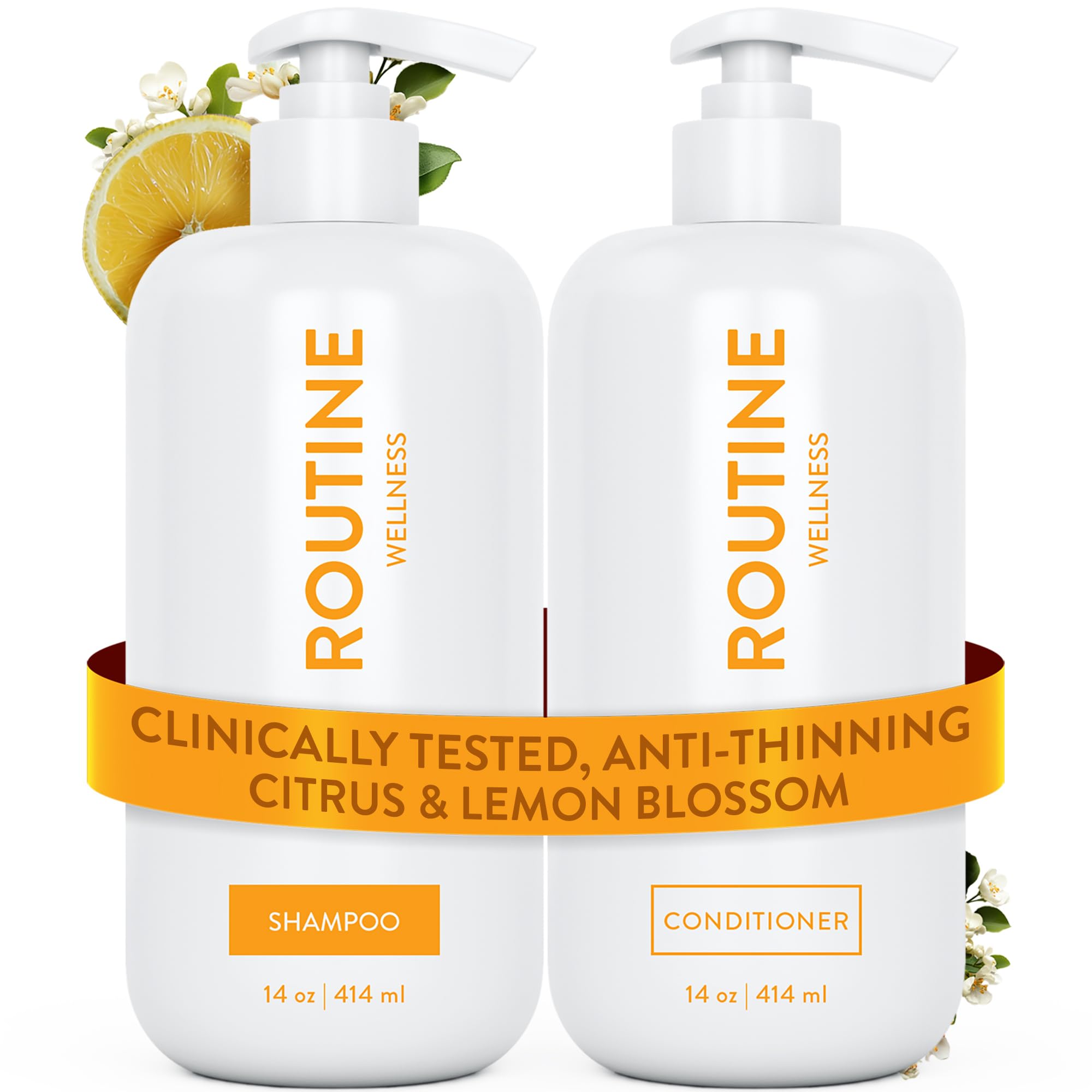 Routine Wellness Anti-Thinning Shampoo and Conditioner Set for Thinning Hair - Biotin DHT Blocker Women & Men - Color Safe Shampoo for Hair Loss & Healthier Hair - Citrus & Lemon Blossom (Pack of 2)