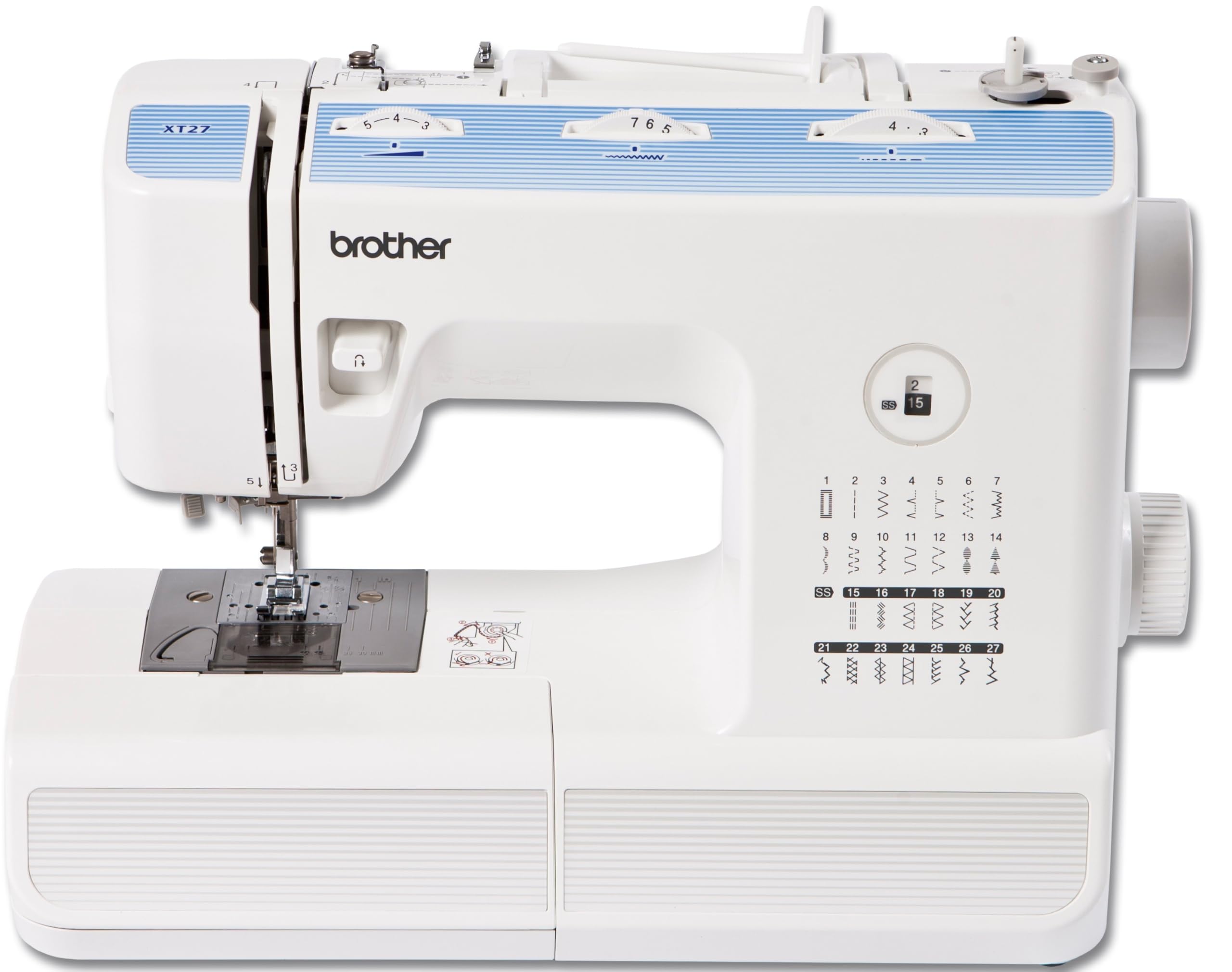 Brother XT27VP2 - Máquina de coser mecánica (25,80 x 37,50 x 48 cm), color blanco y azul