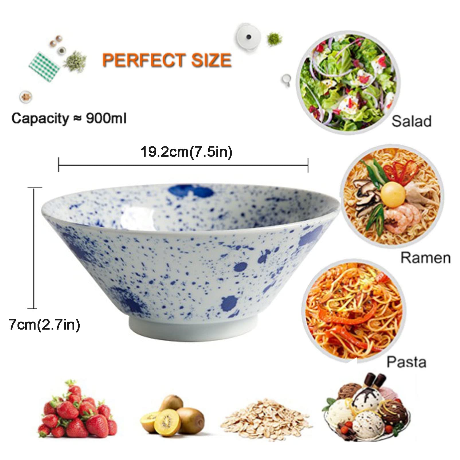Tazón de cerámica para Ramen, tazón Multiusos de Porcelana Fina para Sopa, Cereales, arroz, Udon y soba, tazón japonés Grande para Fideos, Azul y Blanco