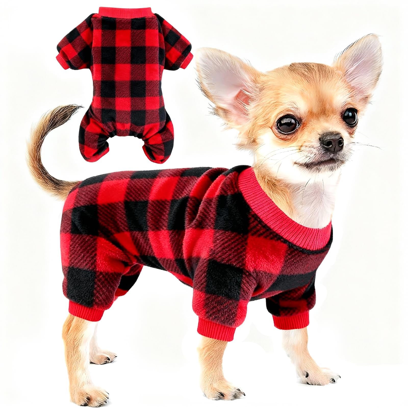 Dog Christmas Pajamas Fleece Dog Christmas Outfit Plaid Dogs Pjs Dog Xmas Pajamas Soft Puppy Clothes Onesies(Red,S)